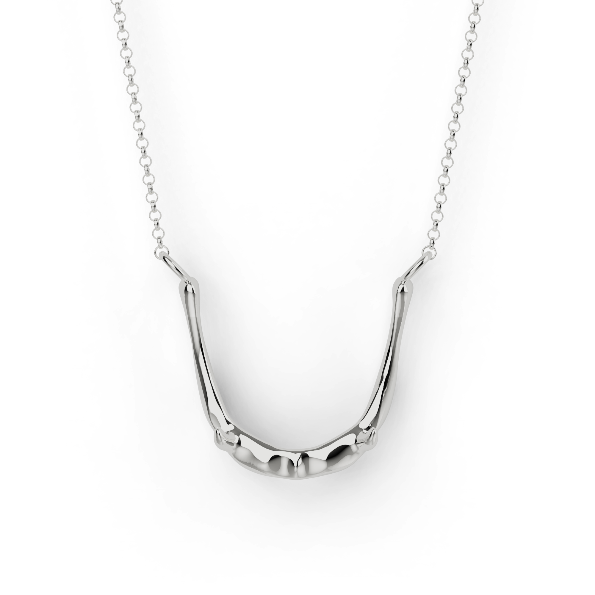 Sterling silver hyoid bone necklace, showcasing a detailed horseshoe-shaped bone design. Sterling silver hyoid bone necklace, showcasing a detailed horseshoe-shaped bone design.