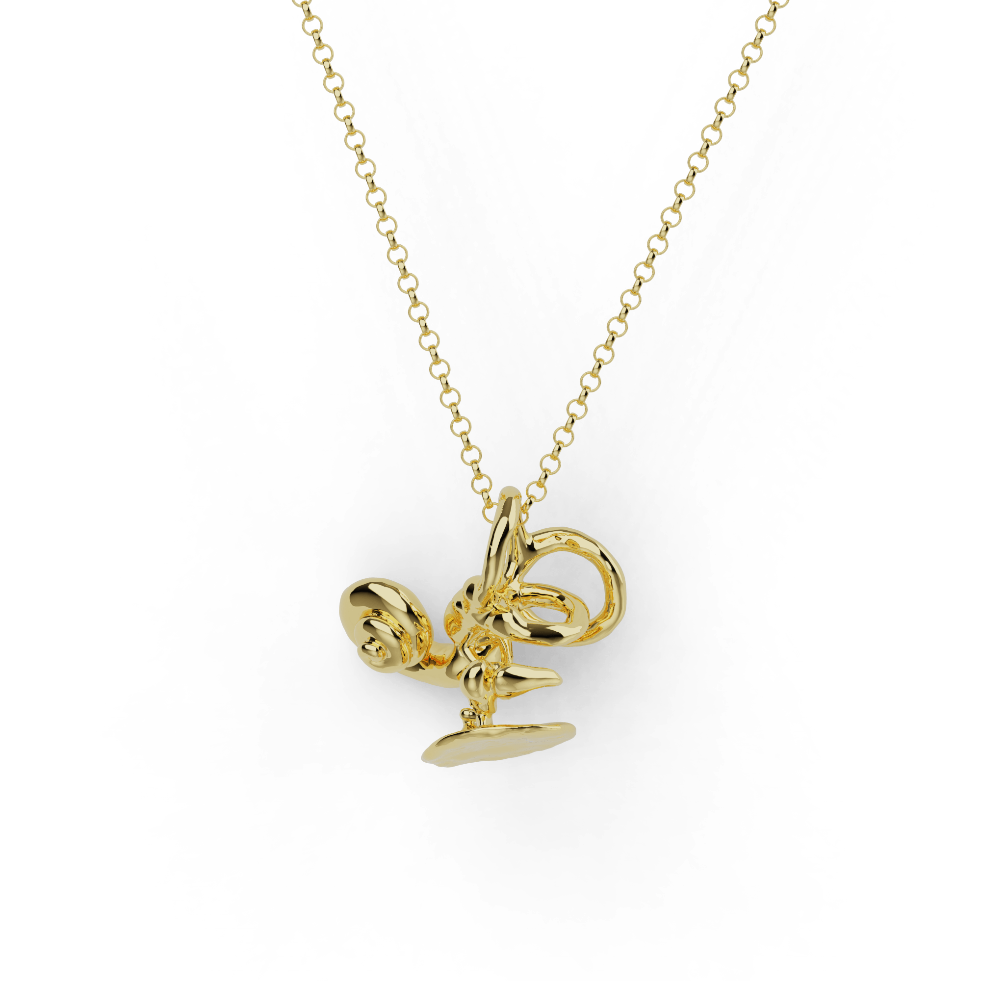 Close-up of gold vermeil inner ear anatomy necklace featuring detailed cochlea and semicircular canal design. Close-up of gold vermeil inner ear anatomy necklace featuring detailed cochlea and semicircular canal design.