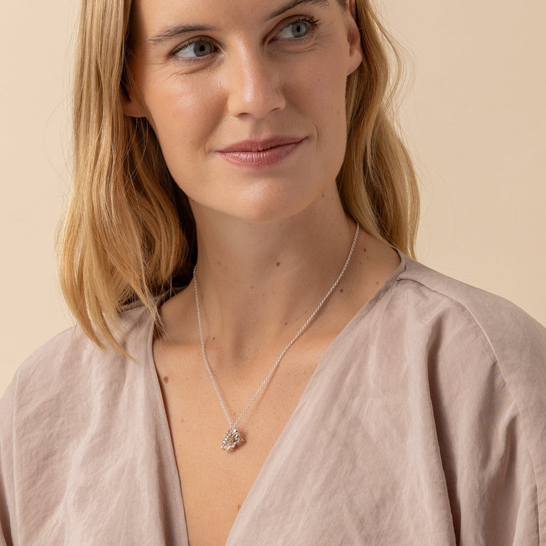 Side view of the insulin necklace, emphasizing its elegant and scientific design. Side view of the insulin necklace, emphasizing its elegant and scientific design.