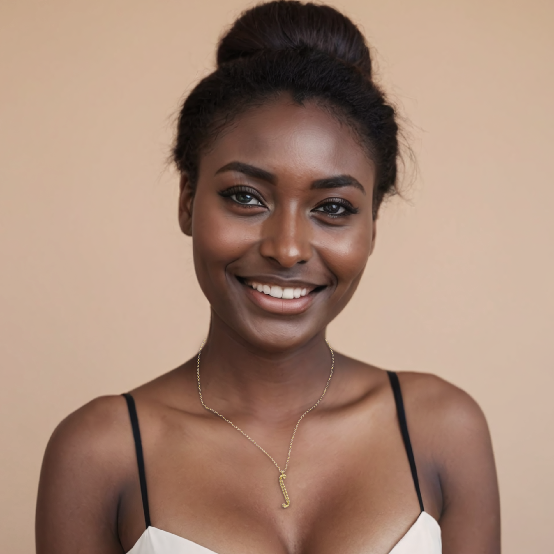 Model wearing the integral necklace, smiling – A stylish gold calculus-inspired necklace, designed for fashion-conscious mathematicians and engineers. Model wearing the integral necklace, smiling – A stylish gold calculus-inspired necklace, designed for fashion-conscious mathematicians and engineers.