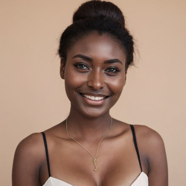 Model wearing the integral necklace, smiling – A stylish gold calculus-inspired necklace, designed for fashion-conscious mathematicians and engineers. Model wearing the integral necklace, smiling – A stylish gold calculus-inspired necklace, designed for fashion-conscious mathematicians and engineers.