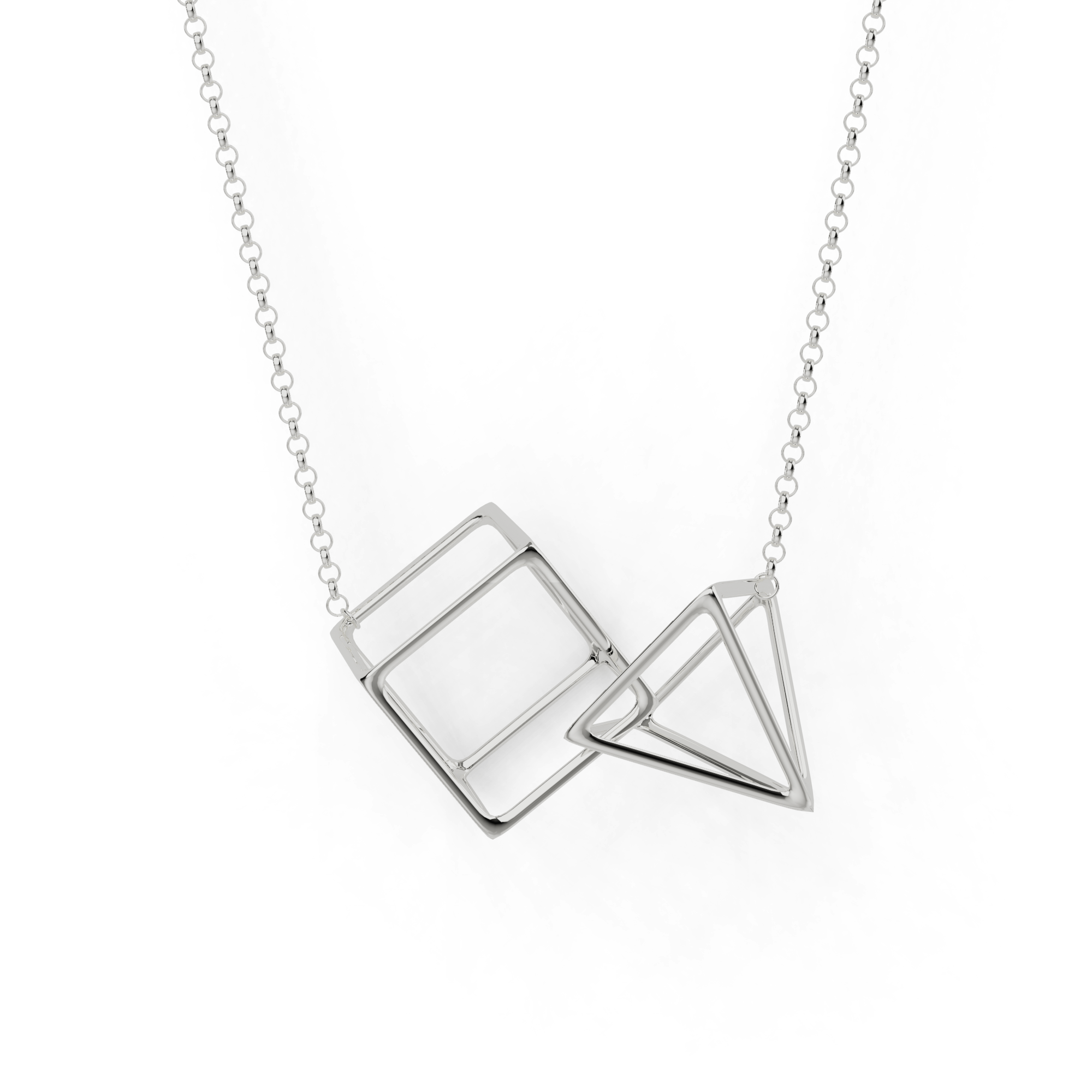 Minimalist interlocked geometry necklace in sterling silver featuring a pyramid and cube design. Minimalist interlocked geometry necklace in sterling silver featuring a pyramid and cube design.