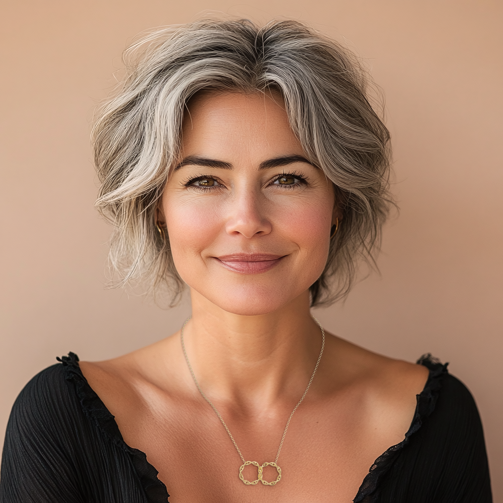 Woman wearing the gold vermeil interlocked DNA necklace, showing how the intertwined DNA helixes elegantly rest on the collarbone, enhancing the scientific design with a touch of modern elegance. Woman wearing the gold vermeil interlocked DNA necklace, showing how the intertwined DNA helixes elegantly rest on the collarbone, enhancing the scientific design with a touch of modern elegance.