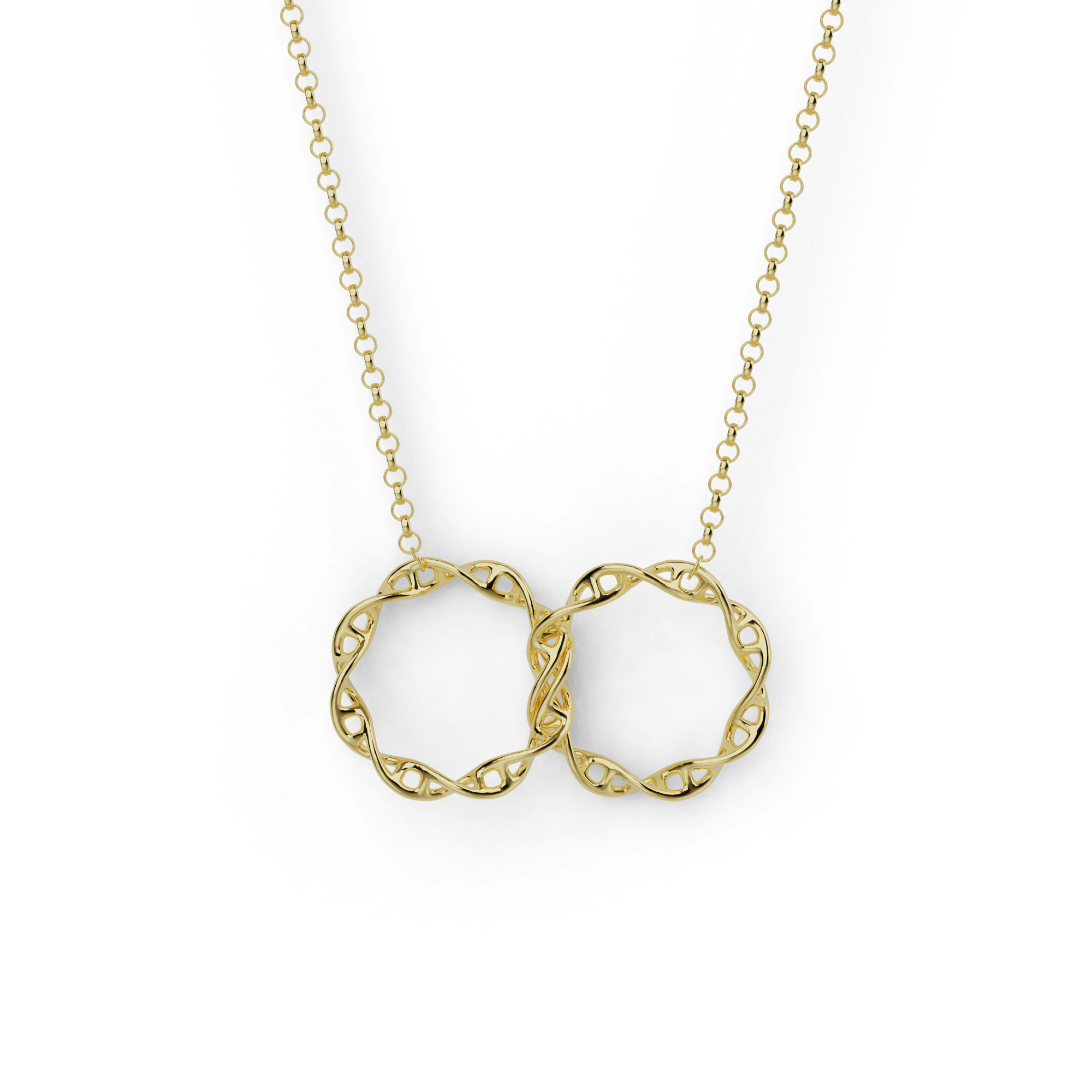 Interlocking DNA necklace in gold vermeil with two intertwined DNA double helixes, perfect for science enthusiasts and jewelry lovers alike. Interlocking DNA necklace in gold vermeil with two intertwined DNA double helixes, perfect for science enthusiasts and jewelry lovers alike.