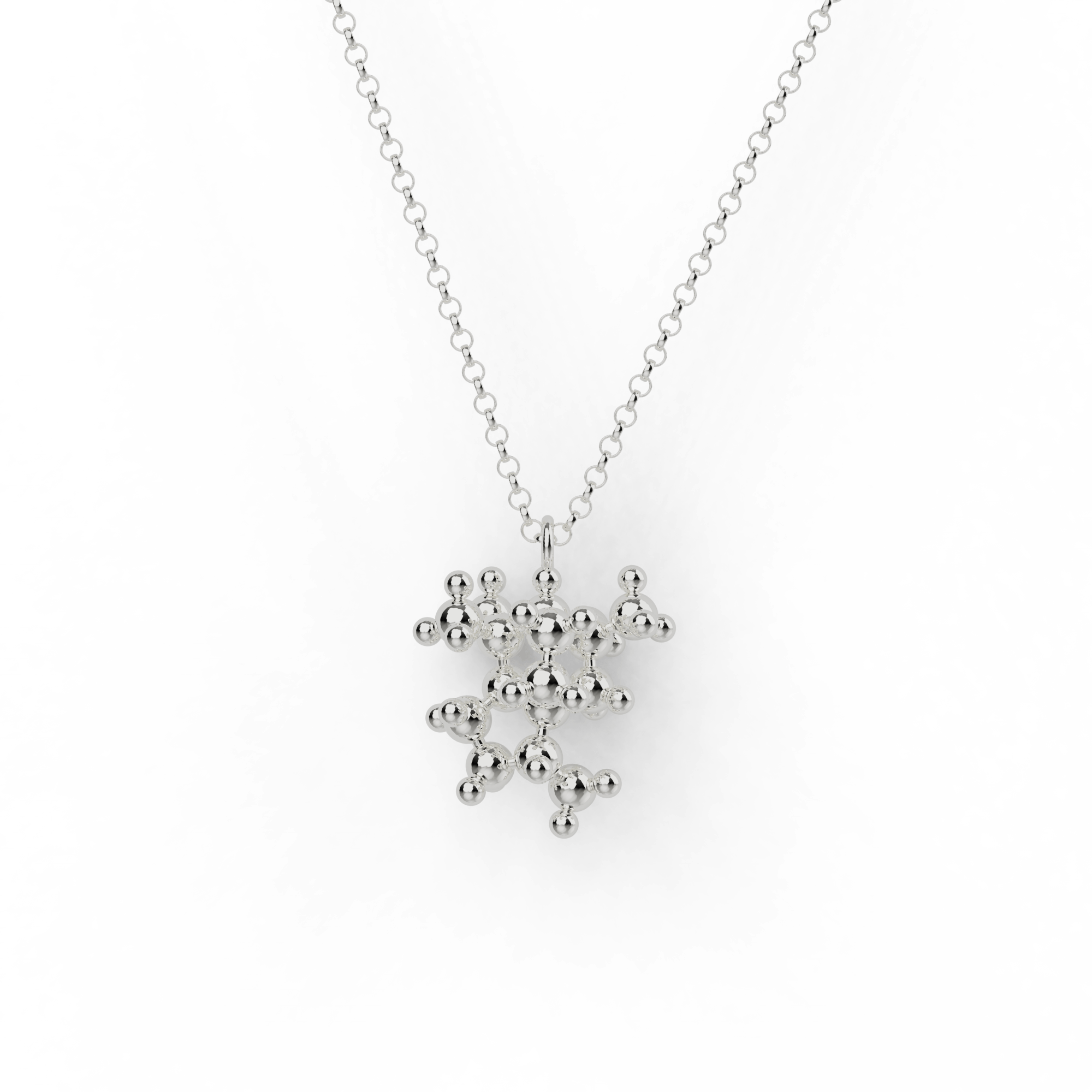 Juniper Necklace in silver showcasing the molecular structure of juniper camphor. Juniper Necklace in silver showcasing the molecular structure of juniper camphor.