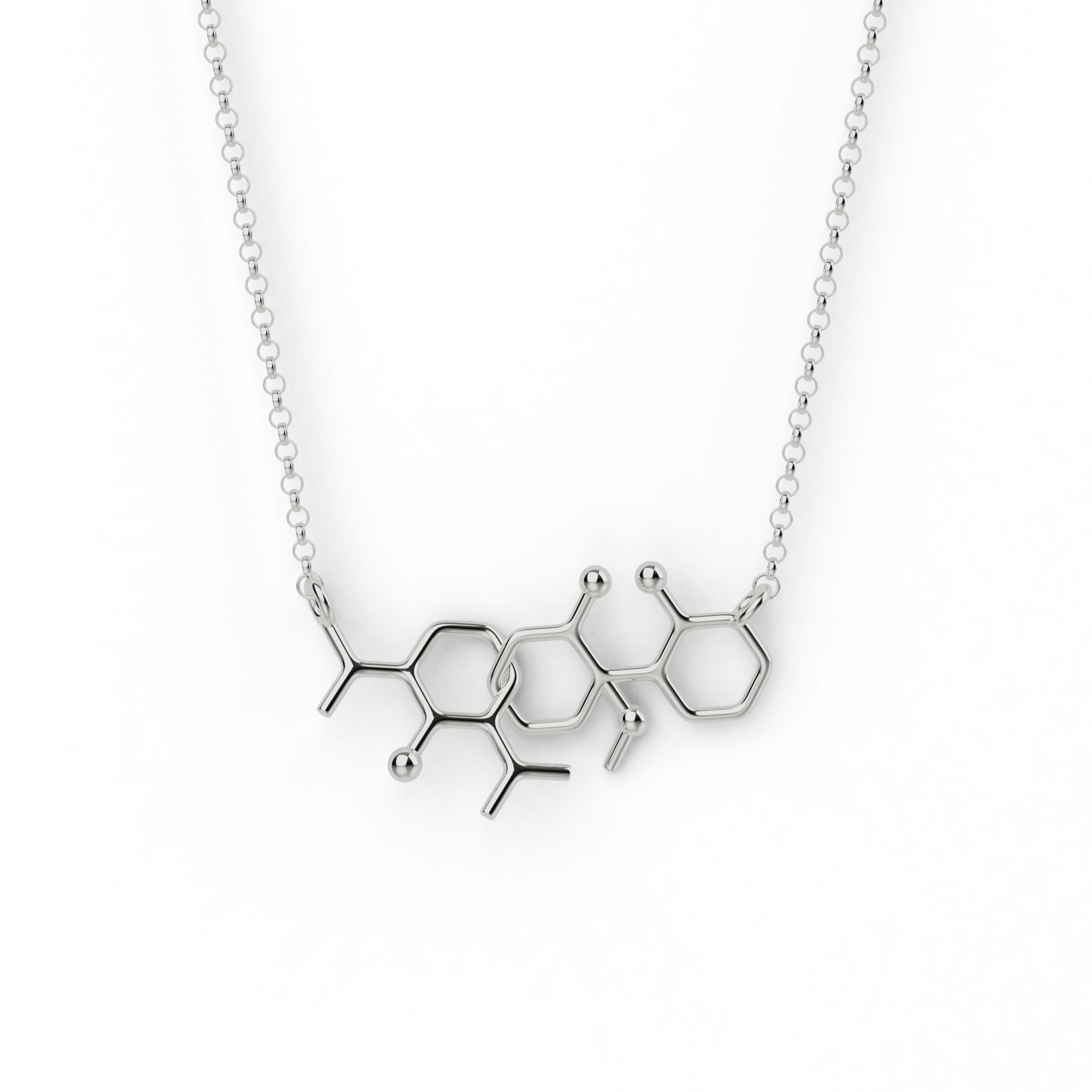Horizontal ketamine propofol necklace in sterling silver, showing two interlocked sedative molecules, science-inspired jewelry for anesthesiologists. Horizontal ketamine propofol necklace in sterling silver, showing two interlocked sedative molecules, science-inspired jewelry for anesthesiologists.
