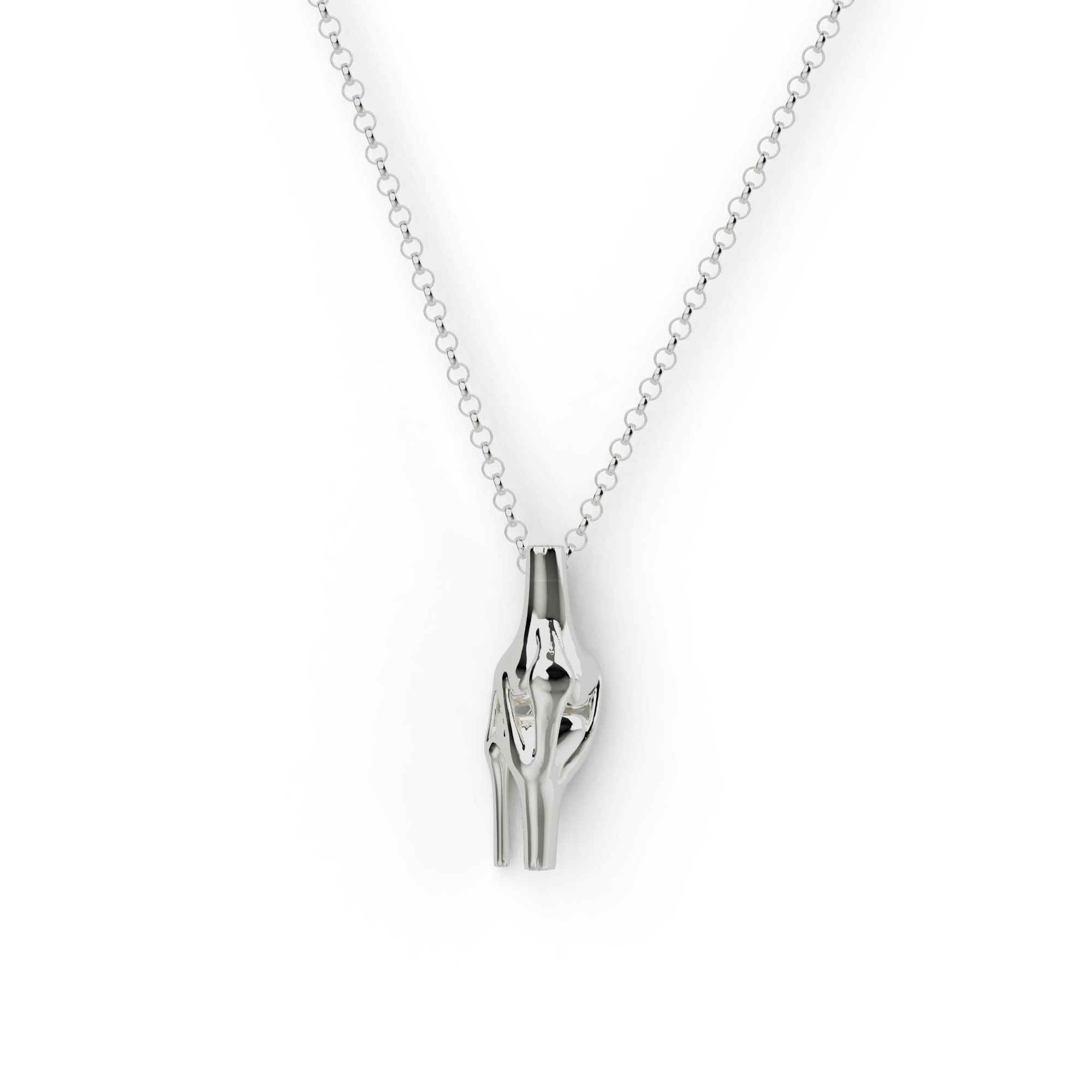 Sterling silver knee necklace inspired by human anatomy, perfect for science lovers and medical professionals. Sterling silver knee necklace inspired by human anatomy, perfect for science lovers and medical professionals.