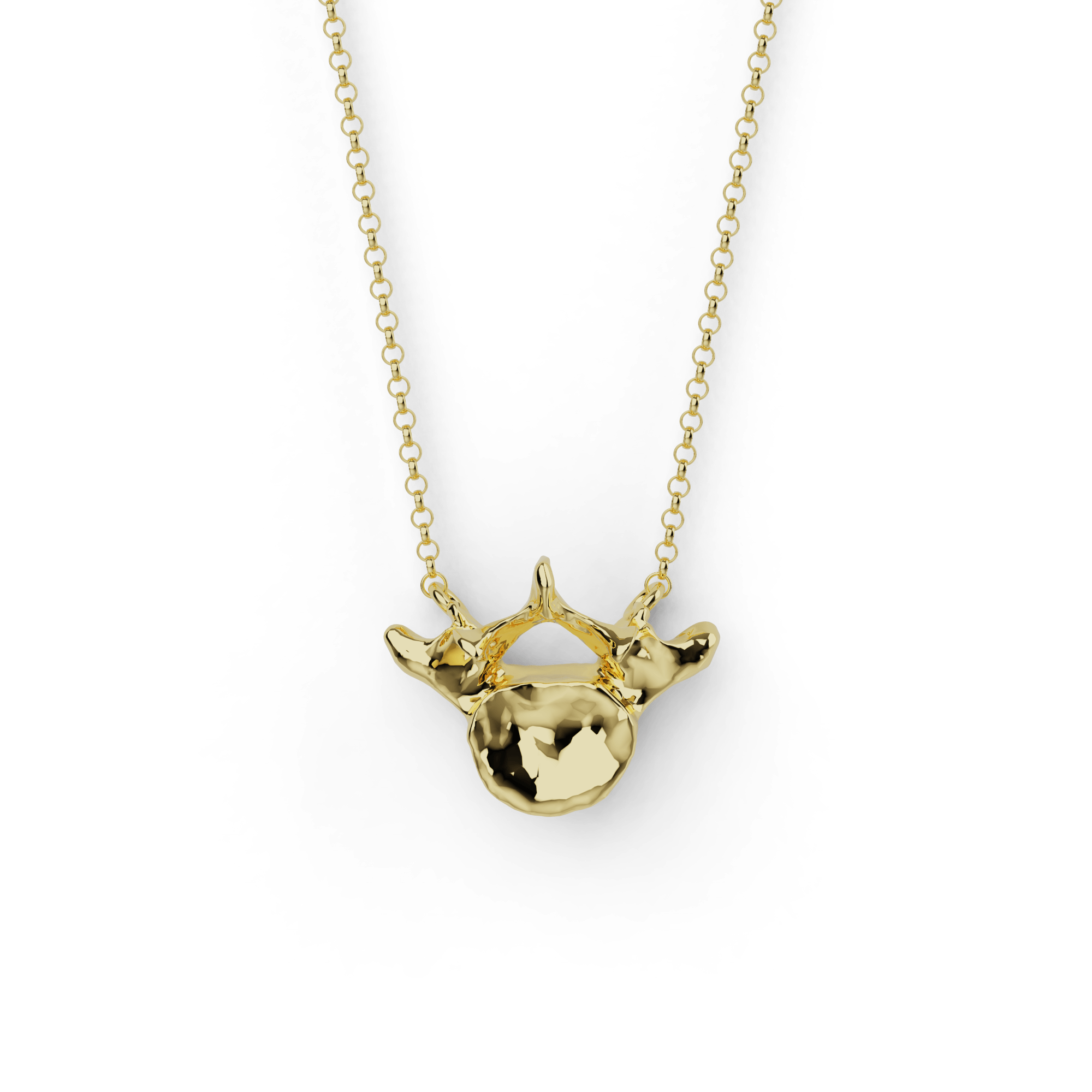 Gold vermeil lumbar vertebra necklace, intricately detailed anatomical pendant. Gold vermeil lumbar vertebra necklace, intricately detailed anatomical pendant.