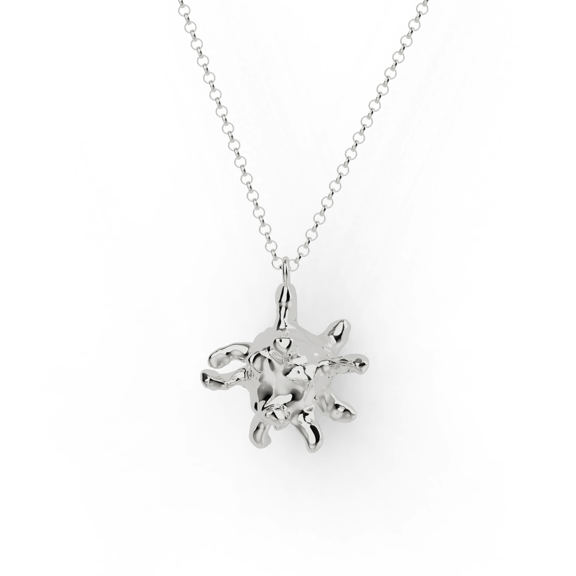 A macrophage-inspired silver necklace resting on a white background, highlighting its intricate design and scientific significance. A macrophage-inspired silver necklace resting on a white background, highlighting its intricate design and scientific significance.
