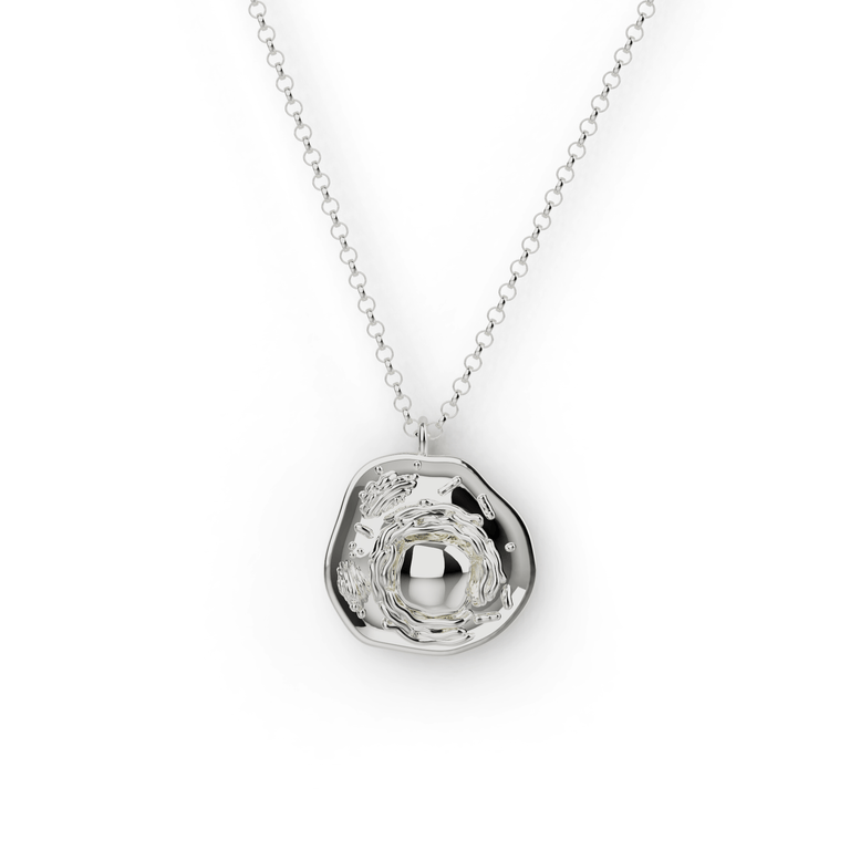 Sterling silver mammalian cell necklace on chain – A science-inspired pendant depicting a cross-section of a mammalian cell. Sterling silver mammalian cell necklace on chain – A science-inspired pendant depicting a cross-section of a mammalian cell.