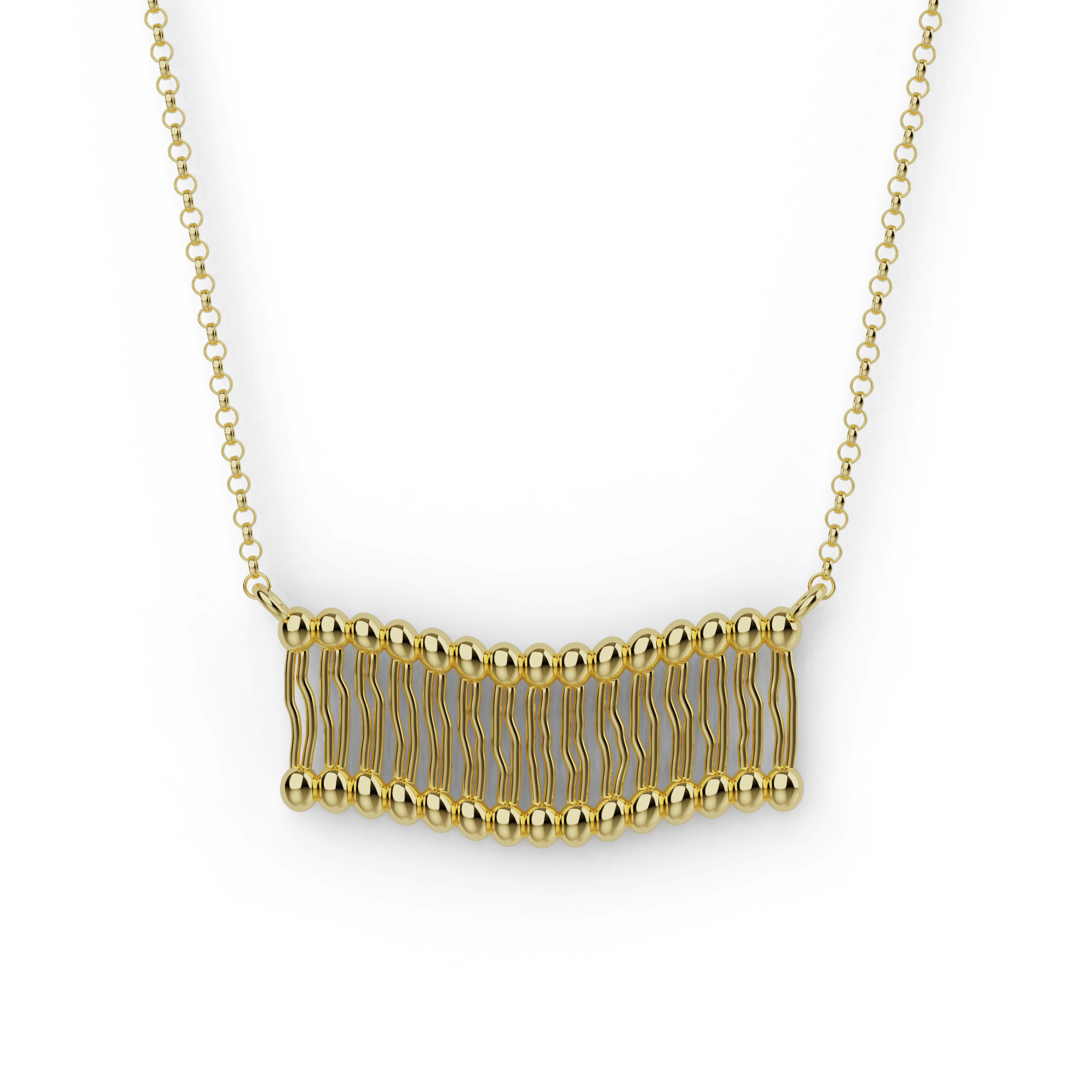 Gold vermeil membrane necklace close-up, featuring a design inspired by the lipid bilayer of cell membranes. Gold vermeil membrane necklace close-up, featuring a design inspired by the lipid bilayer of cell membranes.