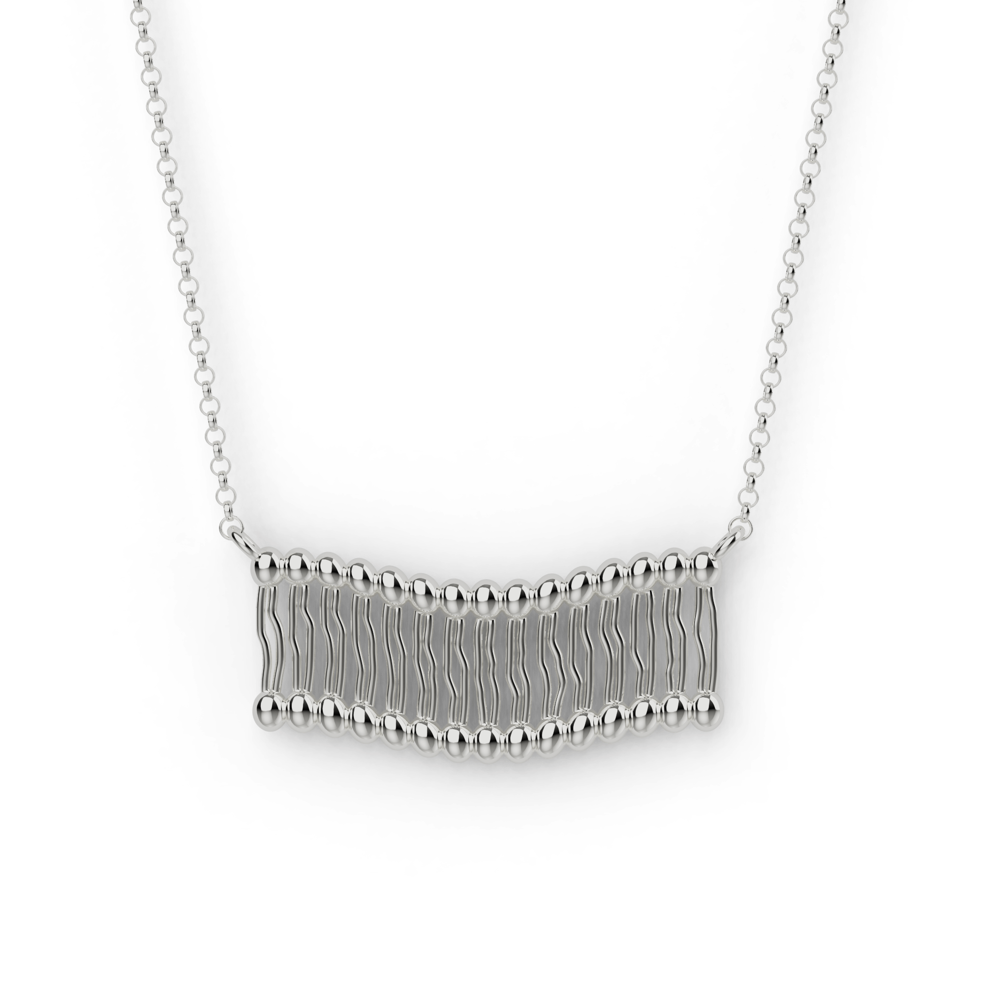 Close-up of membrane necklace in sterling silver, inspired by cell biology, featuring a design mimicking a cell membrane’s structure. Close-up of membrane necklace in sterling silver, inspired by cell biology, featuring a design mimicking a cell membrane’s structure.