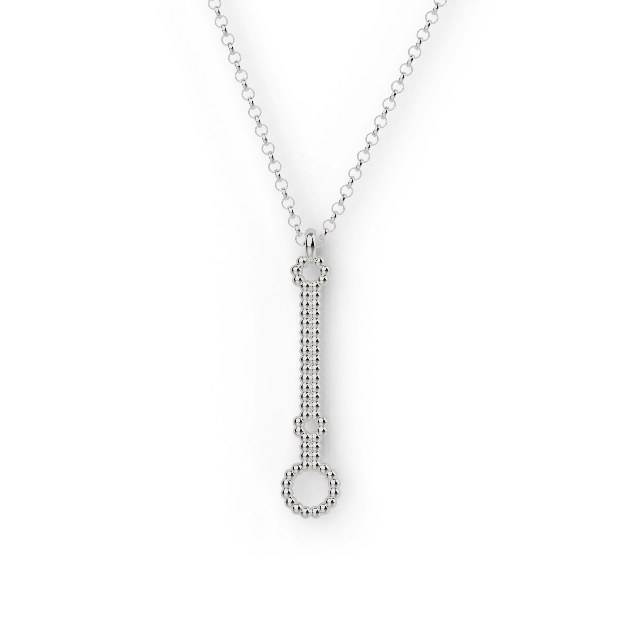 Sterling silver microRNA necklace showcasing a molecular-inspired pendant design. Sterling silver microRNA necklace showcasing a molecular-inspired pendant design.
