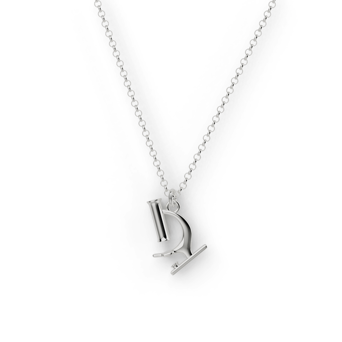 Sterling silver microscope necklace on a chain, celebrating scientific discovery. Sterling silver microscope necklace on a chain, celebrating scientific discovery.