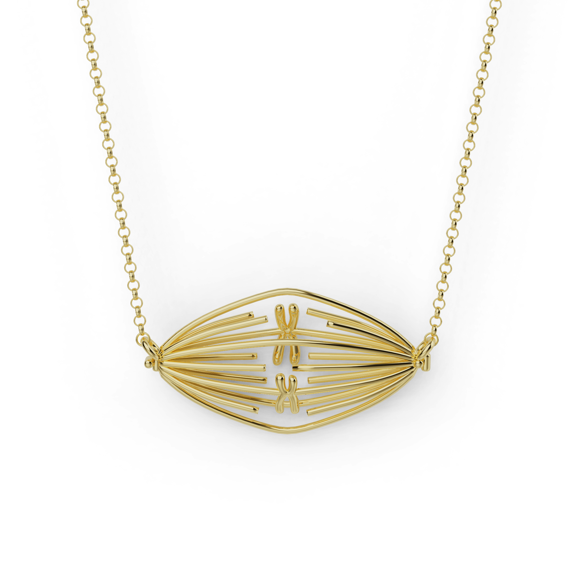 Gold vermeil Mitosis Necklace displayed on a white background, featuring a 3D-printed design inspired by cell division. Gold vermeil Mitosis Necklace displayed on a white background, featuring a 3D-printed design inspired by cell division.