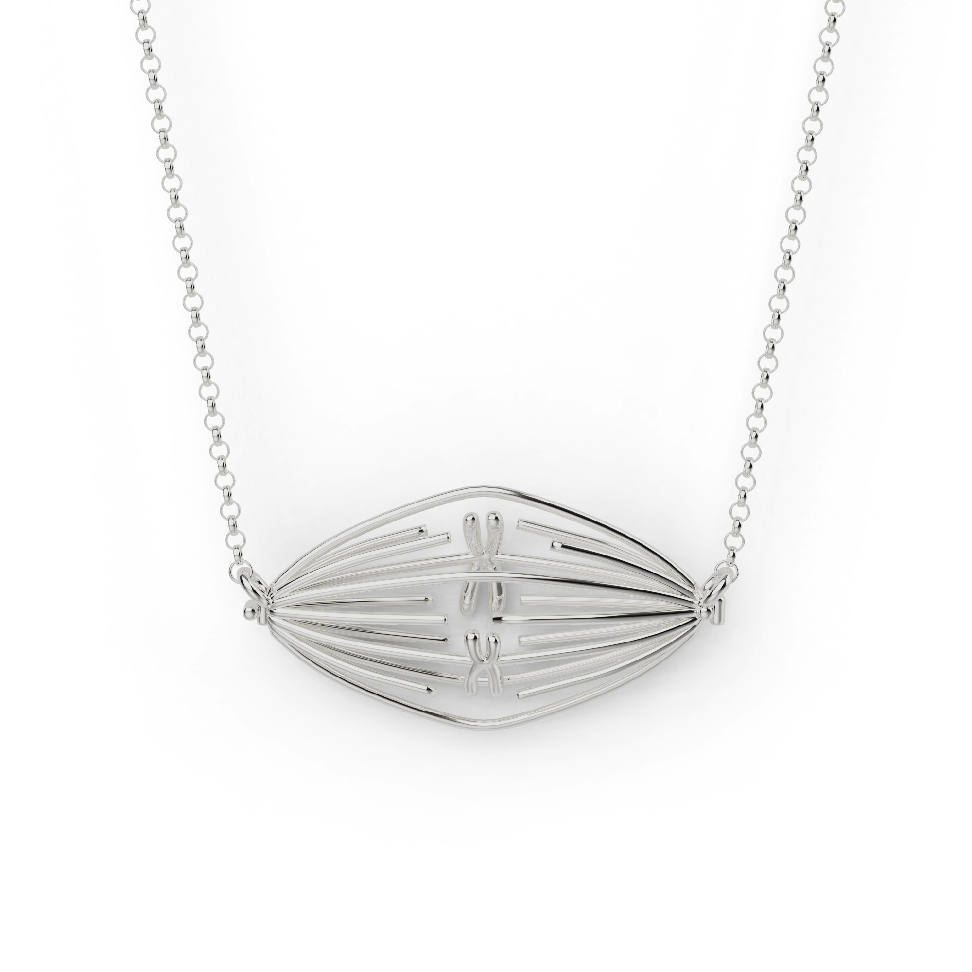 Mitosis Necklace in silver displayed on a white background, showing its 3D-printed design inspired by cell division. Mitosis Necklace in silver displayed on a white background, showing its 3D-printed design inspired by cell division.