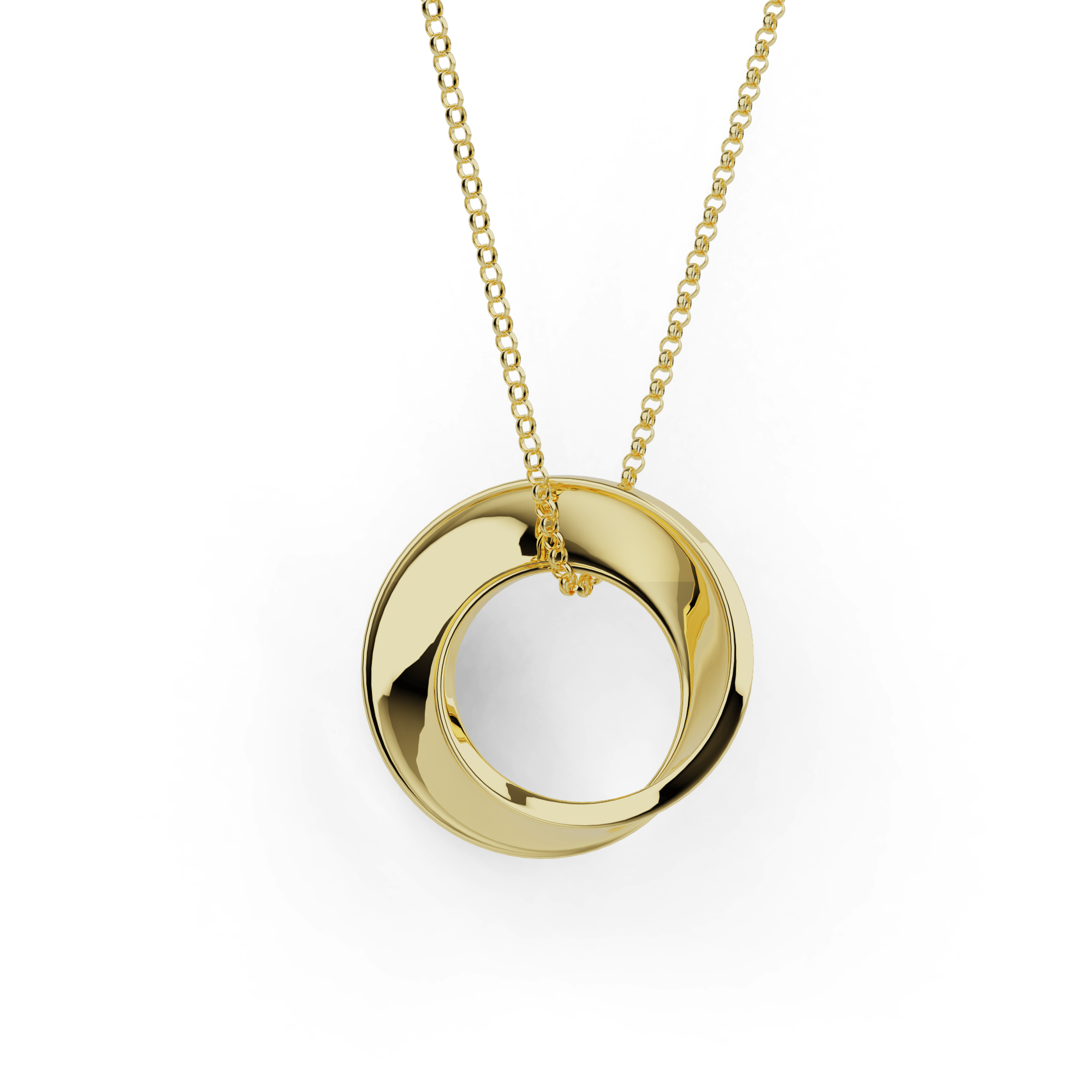 Gold vermeil Möbius strip necklace with a single, continuous twist design. Gold vermeil Möbius strip necklace with a single, continuous twist design.