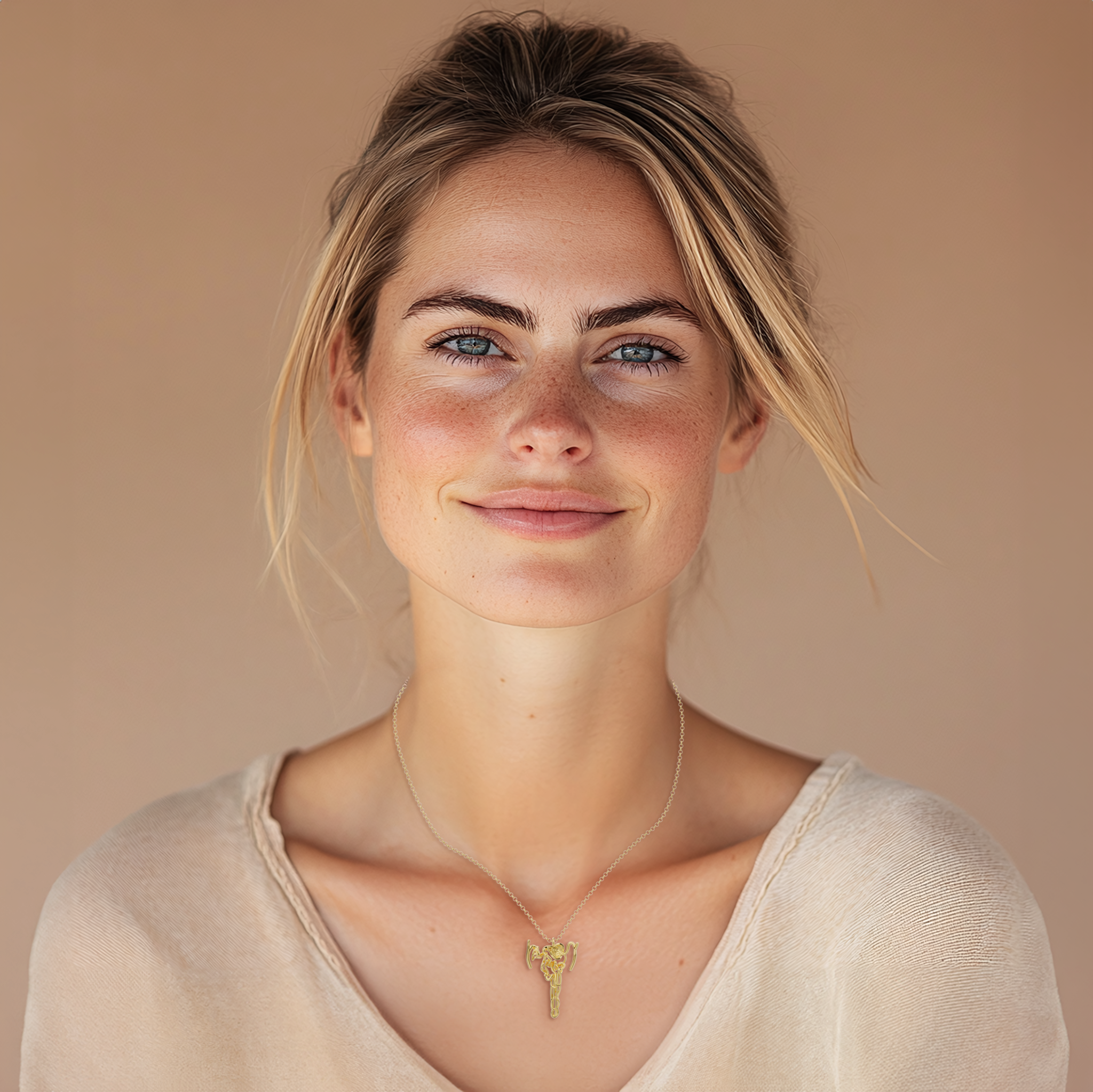 Model wearing the gold nephron necklace, showcasing its unique scientific inspiration and stylish elegance. Model wearing the gold nephron necklace, showcasing its unique scientific inspiration and stylish elegance.
