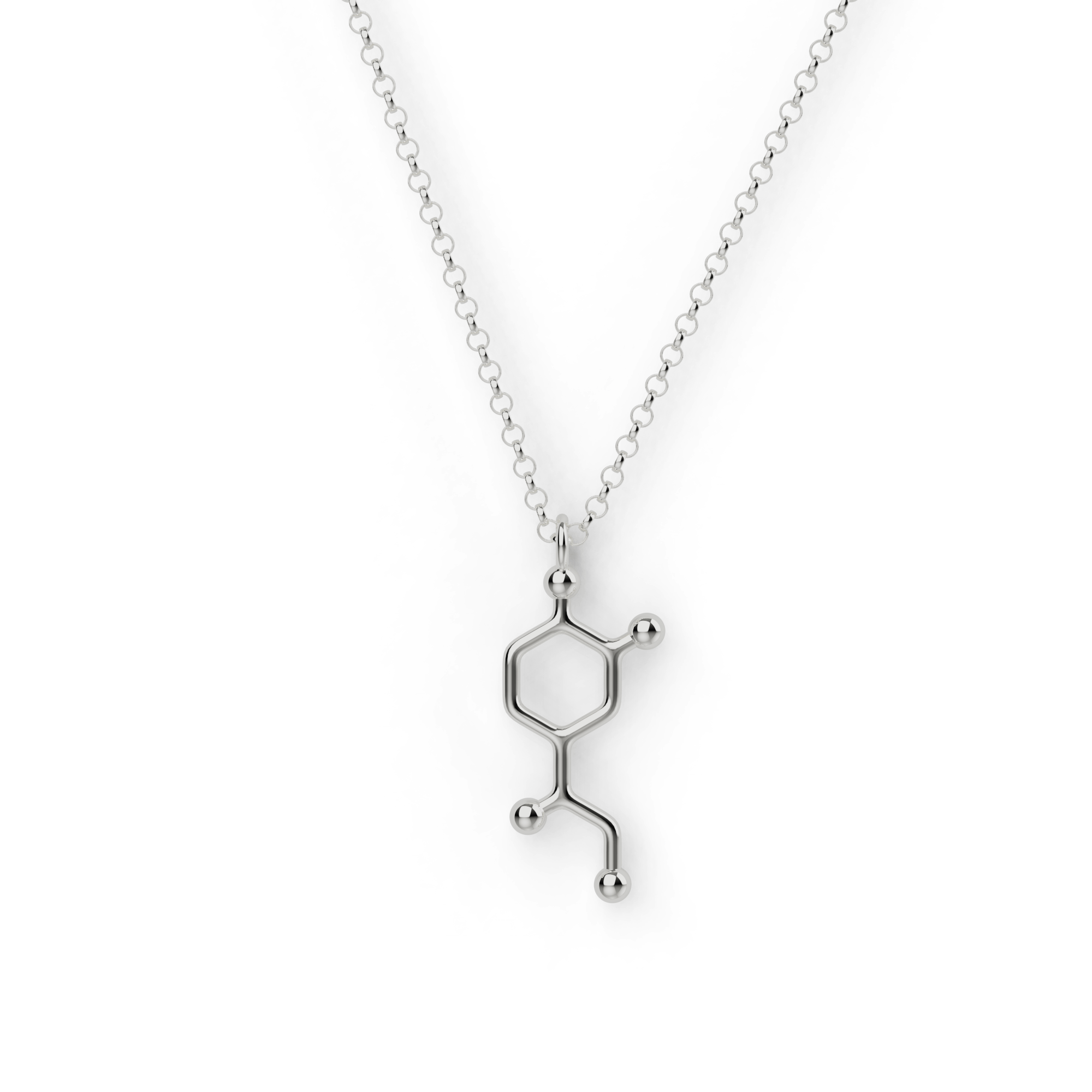Silver noradrenaline necklace featuring a molecular design, perfect for science enthusiasts and thrill-seekers. Silver noradrenaline necklace featuring a molecular design, perfect for science enthusiasts and thrill-seekers.