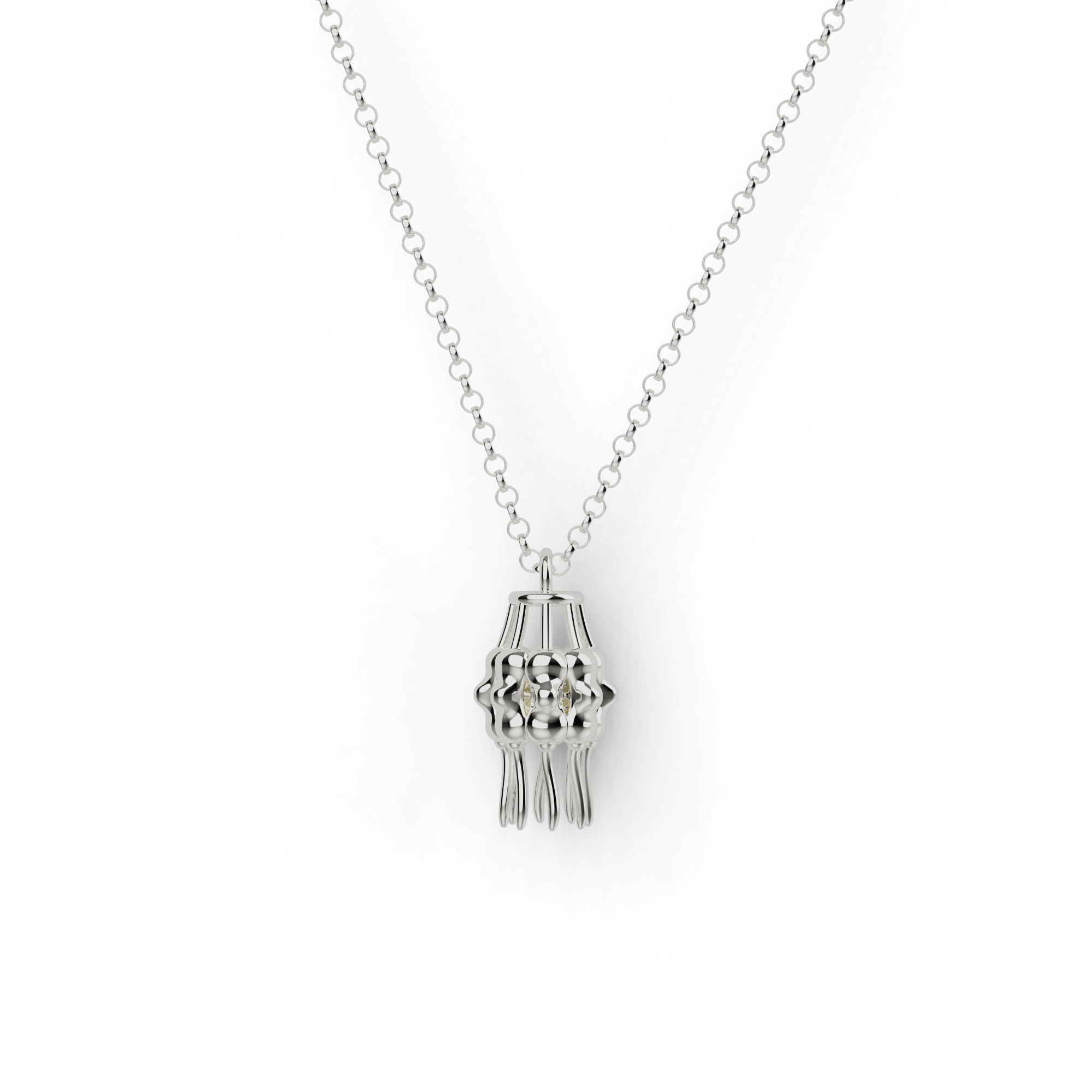 Close-up of a silver nuclear pore necklace, a science-inspired jewelry piece. Close-up of a silver nuclear pore necklace, a science-inspired jewelry piece.