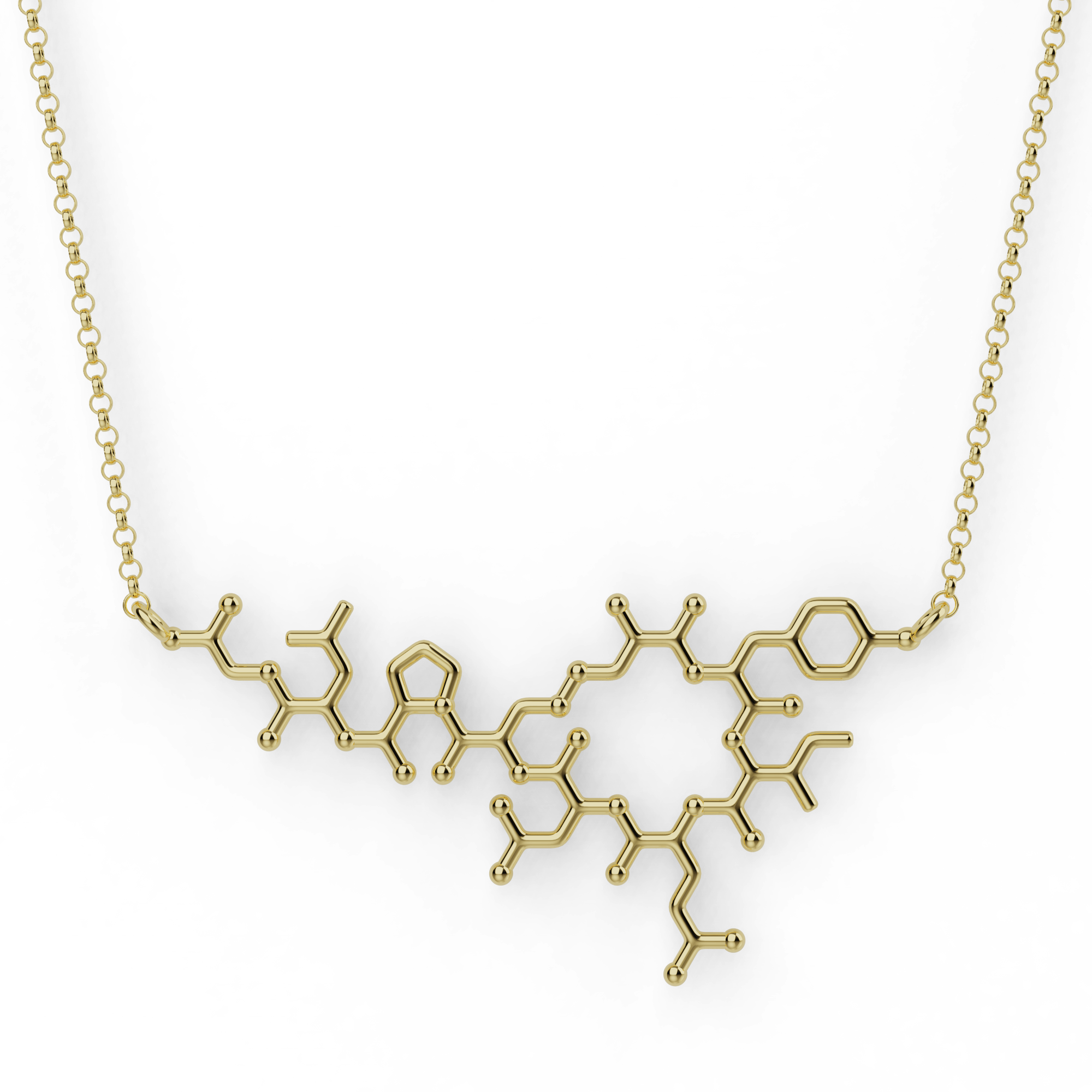 Oxytocin Necklace in Gold Vermeil - Close-up of the detailed molecular structure, a perfect gift for science lovers. Oxytocin Necklace in Gold Vermeil - Close-up of the detailed molecular structure, a perfect gift for science lovers.