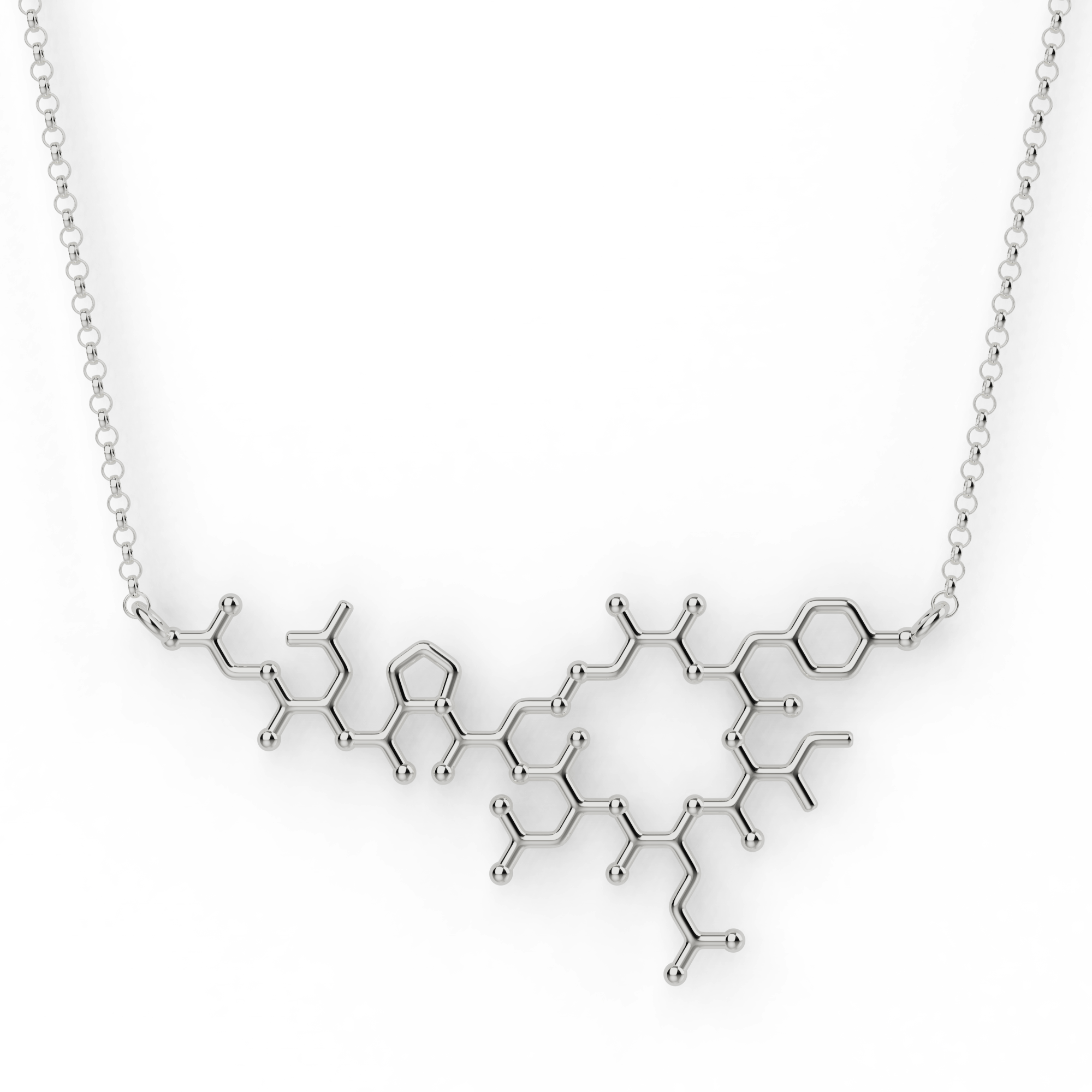 Sterling silver oxytocin necklace showcasing the love molecule, designed for science enthusiasts. Sterling silver oxytocin necklace showcasing the love molecule, designed for science enthusiasts.