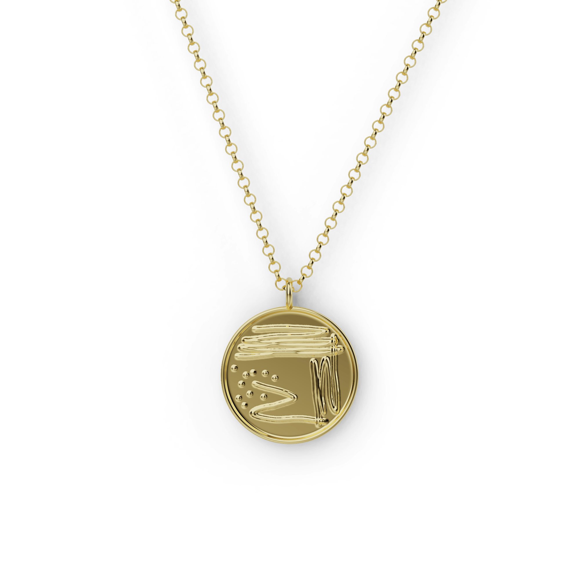 Gold vermeil Petri dish necklace with engraved bacterial colonies, inspired by scientific discovery. Gold vermeil Petri dish necklace with engraved bacterial colonies, inspired by scientific discovery.