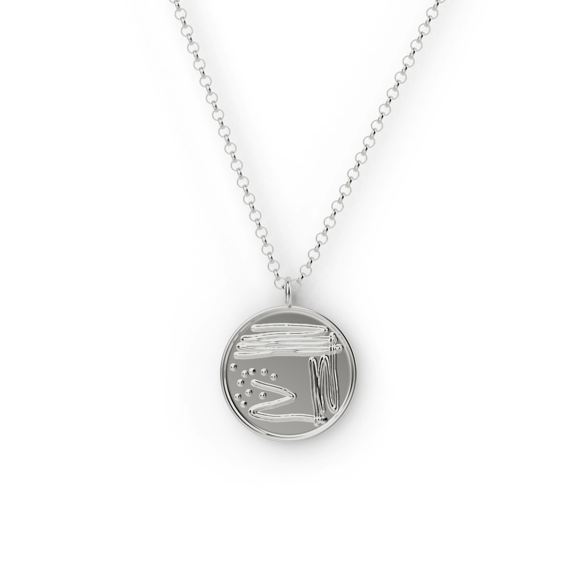Sterling silver Petri Dish Necklace showing detailed bacterial streaks. Sterling silver Petri Dish Necklace showing detailed bacterial streaks.
