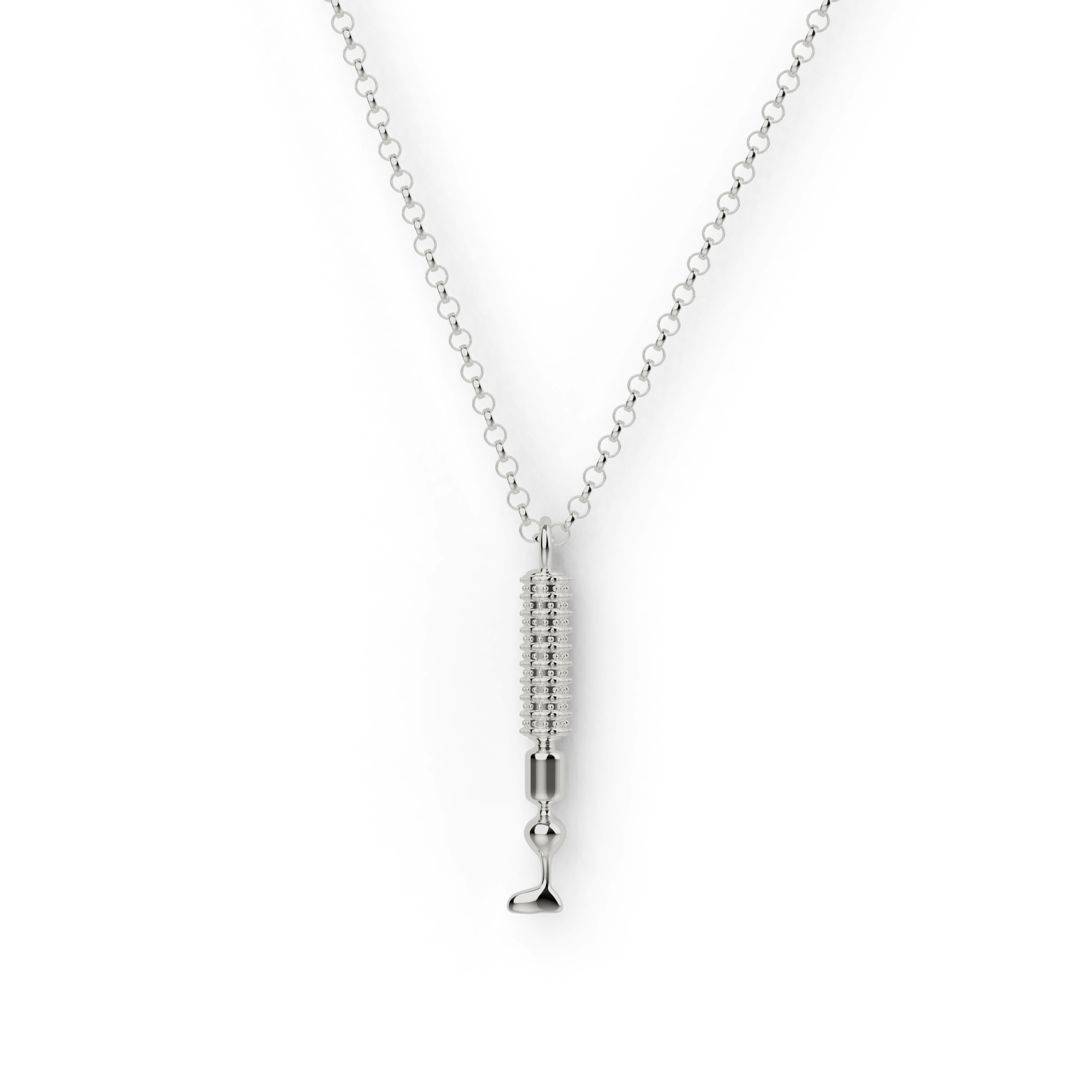Sterling silver photoreceptor necklace on white background, inspired by retinal cells. Science jewelry for vision lovers. Sterling silver photoreceptor necklace on white background, inspired by retinal cells. Science jewelry for vision lovers.
