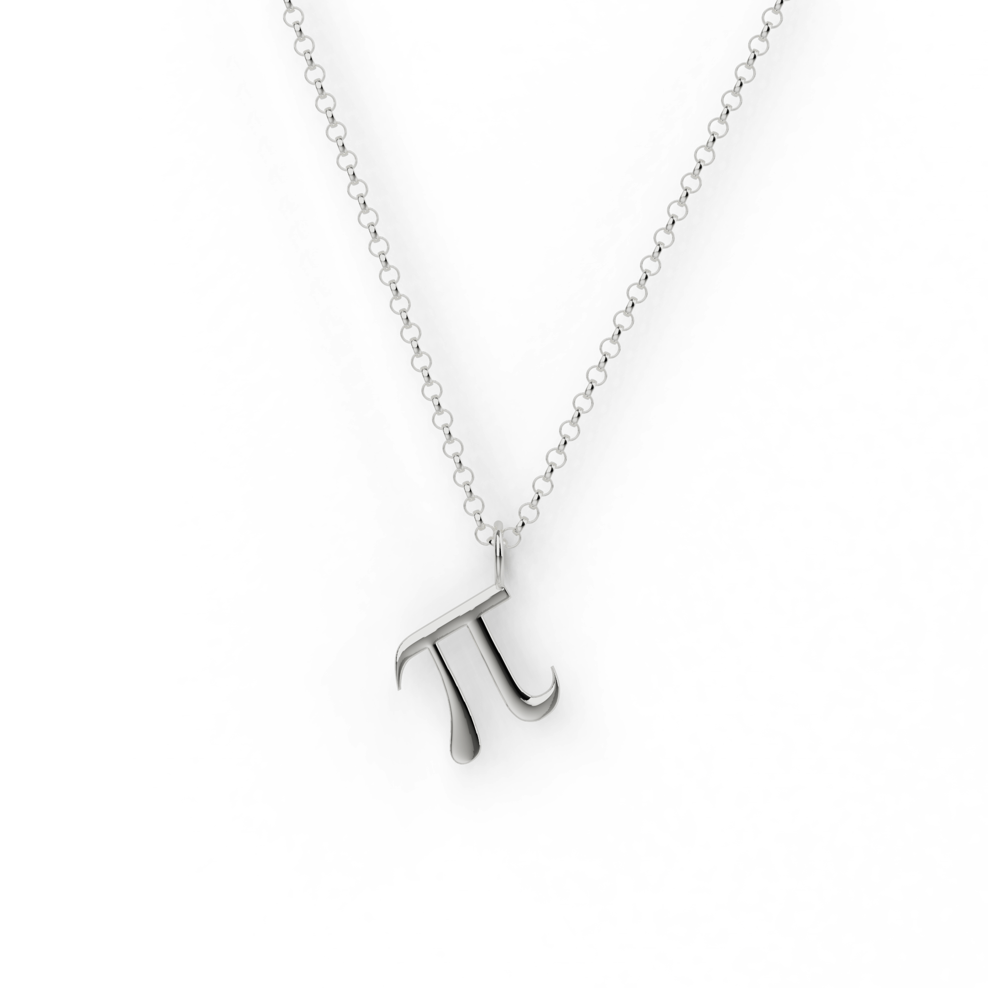 Close-up of sterling silver pi necklace on a delicate chain, perfect for math lovers. Close-up of sterling silver pi necklace on a delicate chain, perfect for math lovers.