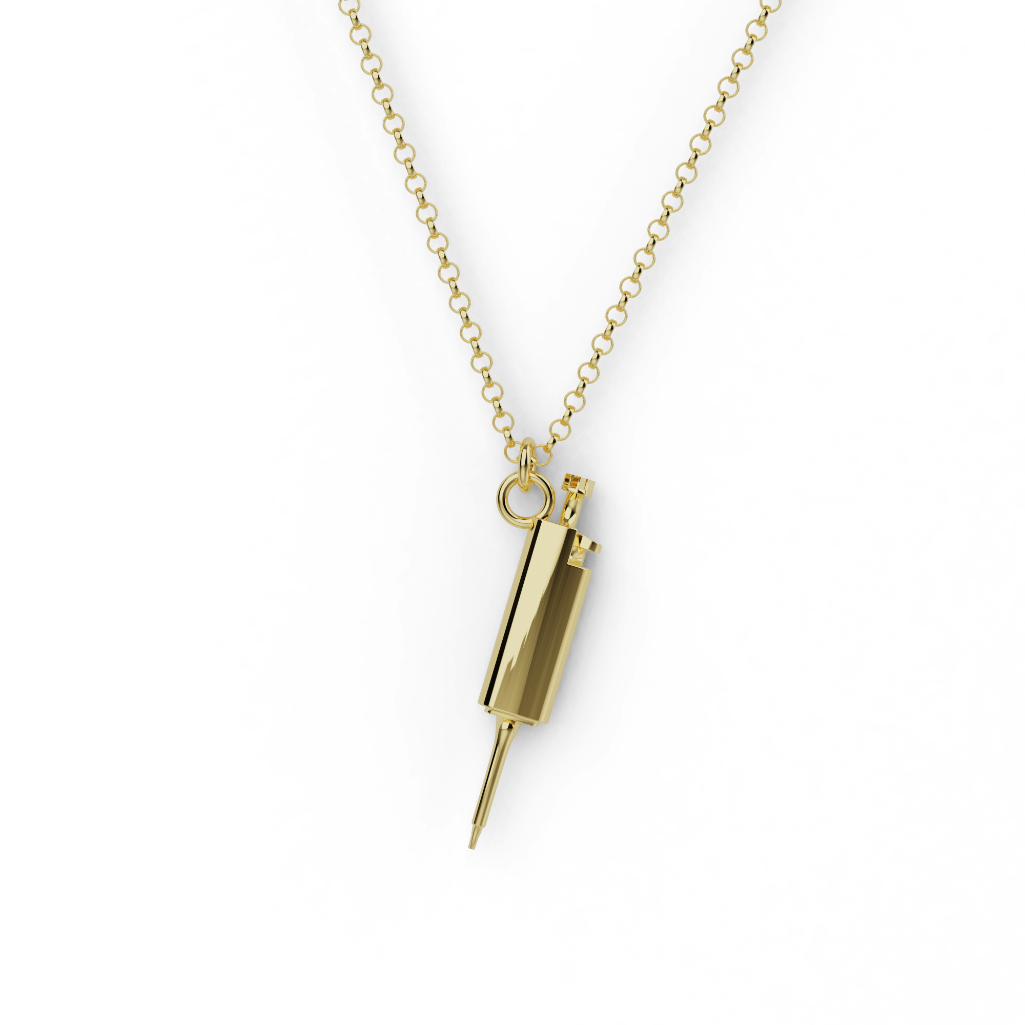 Gold vermeil pipette necklace featuring detailed pipette design, perfect for science lovers and lab technicians. Gold vermeil pipette necklace featuring detailed pipette design, perfect for science lovers and lab technicians.