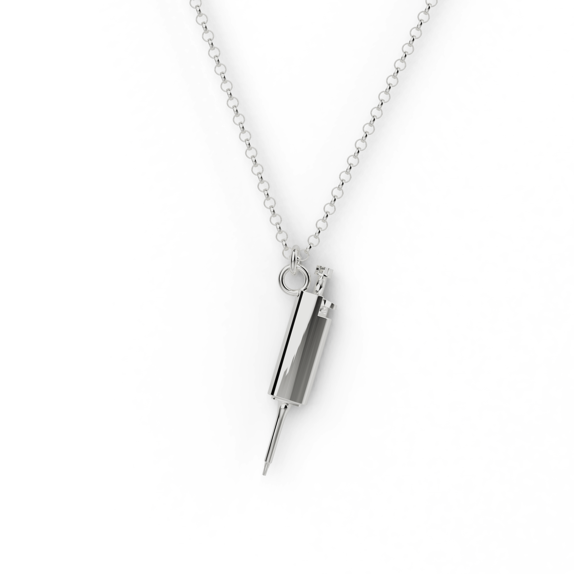 Sterling silver pipette necklace featuring a sleek, science-inspired design, perfect for lab enthusiasts. Sterling silver pipette necklace featuring a sleek, science-inspired design, perfect for lab enthusiasts.