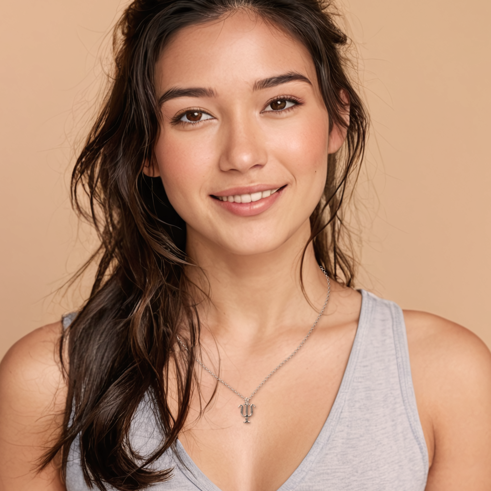 The psi necklace elegantly displayed on a model, highlighting its trident shape and symbolic connection to psychology and science. The psi necklace elegantly displayed on a model, highlighting its trident shape and symbolic connection to psychology and science.