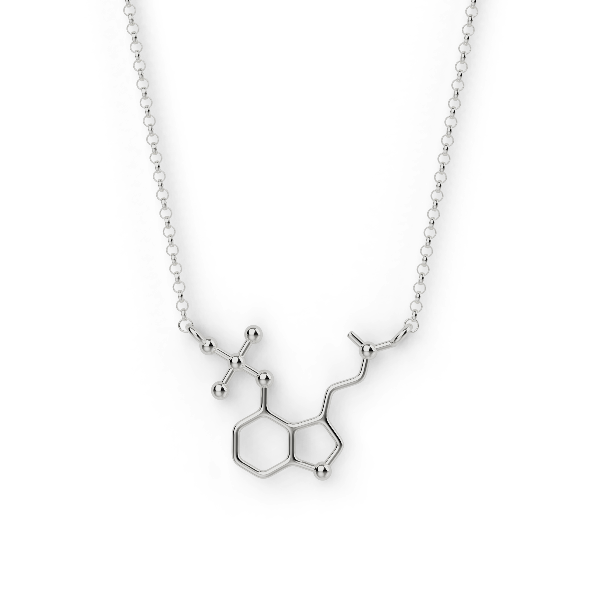Sterling silver psilocybin necklace featuring a molecular design, symbolizing the psychedelic compound found in magic mushrooms. Sterling silver psilocybin necklace featuring a molecular design, symbolizing the psychedelic compound found in magic mushrooms.