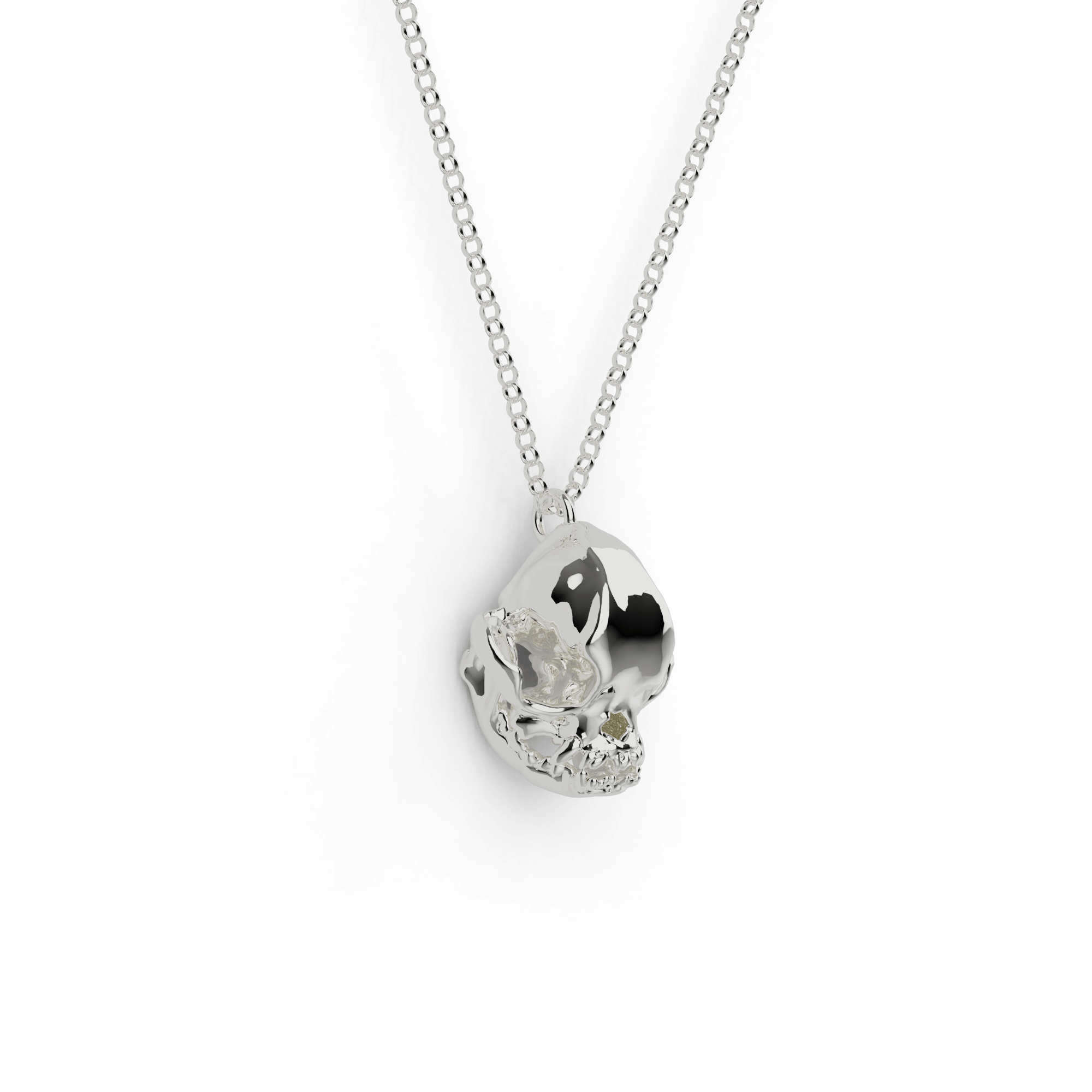 Sterling silver pug skull necklace featuring intricate details of the canine cranium, inspired by evolutionary science. Sterling silver pug skull necklace featuring intricate details of the canine cranium, inspired by evolutionary science.