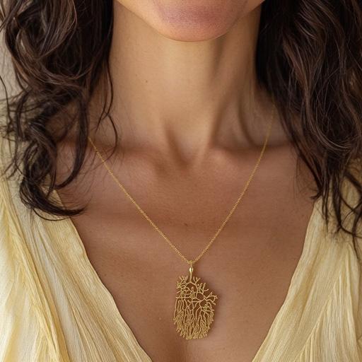 A close-up of the gold vermeil Purkinje Cell Necklace on a woman’s neck, showcasing its detailed, web-like structure. The fine gold chain complements her soft yellow outfit, emphasizing the necklace’s scientific and artistic design. A close-up of the gold vermeil Purkinje Cell Necklace on a woman’s neck, showcasing its detailed, web-like structure. The fine gold chain complements her soft yellow outfit, emphasizing the necklace’s scientific and artistic design.