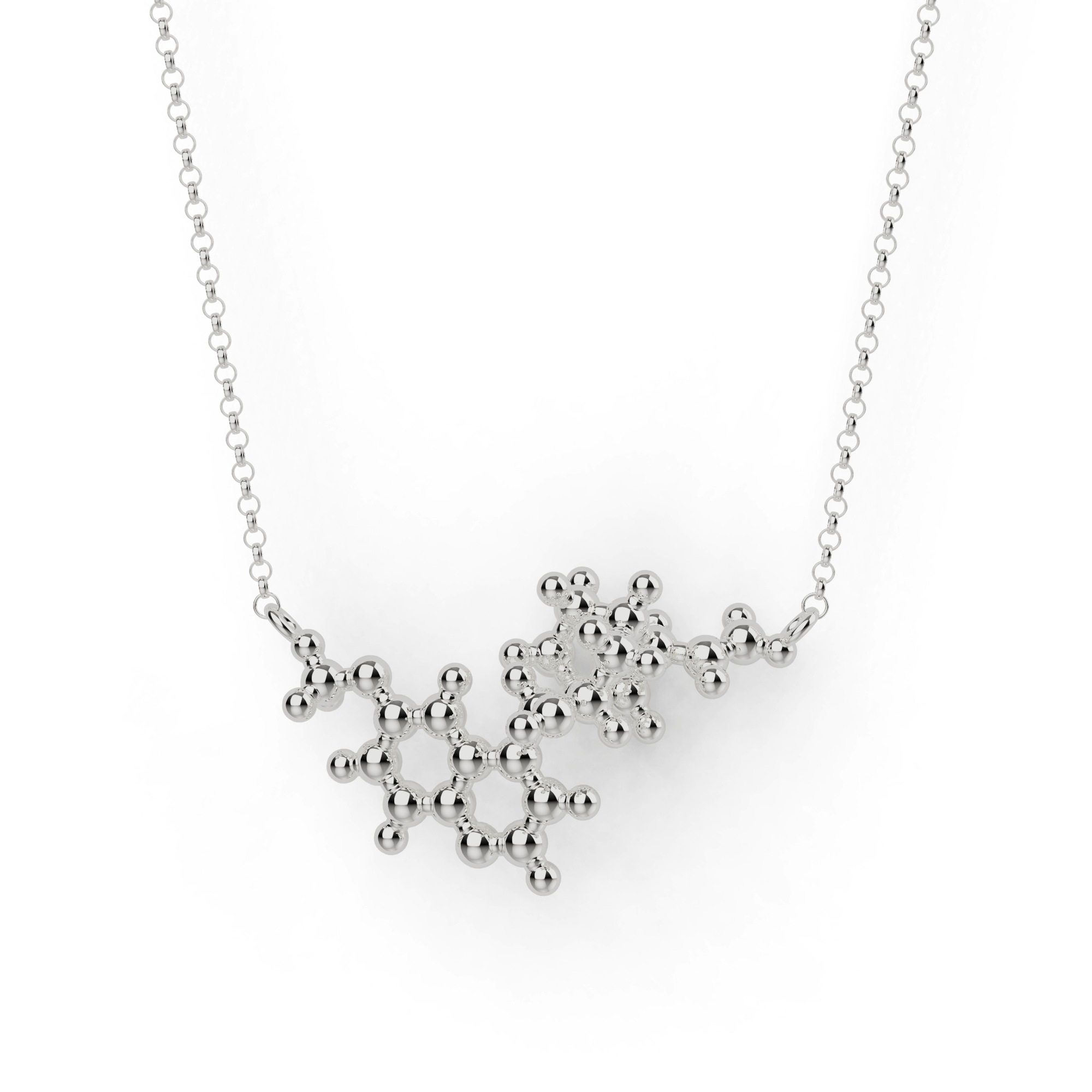 Sterling silver quinine necklace featuring a molecular structure design, perfect for science enthusiasts and chemistry lovers. Sterling silver quinine necklace featuring a molecular structure design, perfect for science enthusiasts and chemistry lovers.