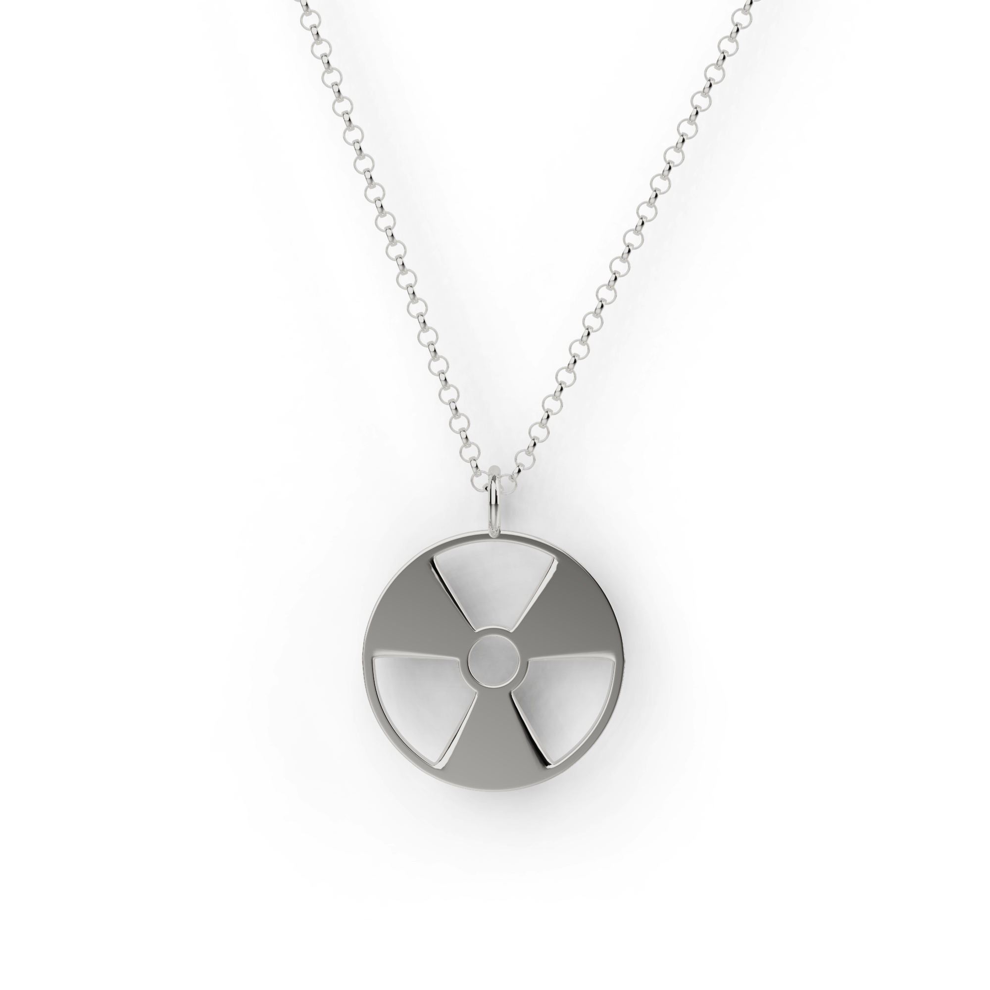 Sterling silver radiation symbol necklace with precise detailing in classic symbol form. Sterling silver radiation symbol necklace with precise detailing in classic symbol form.