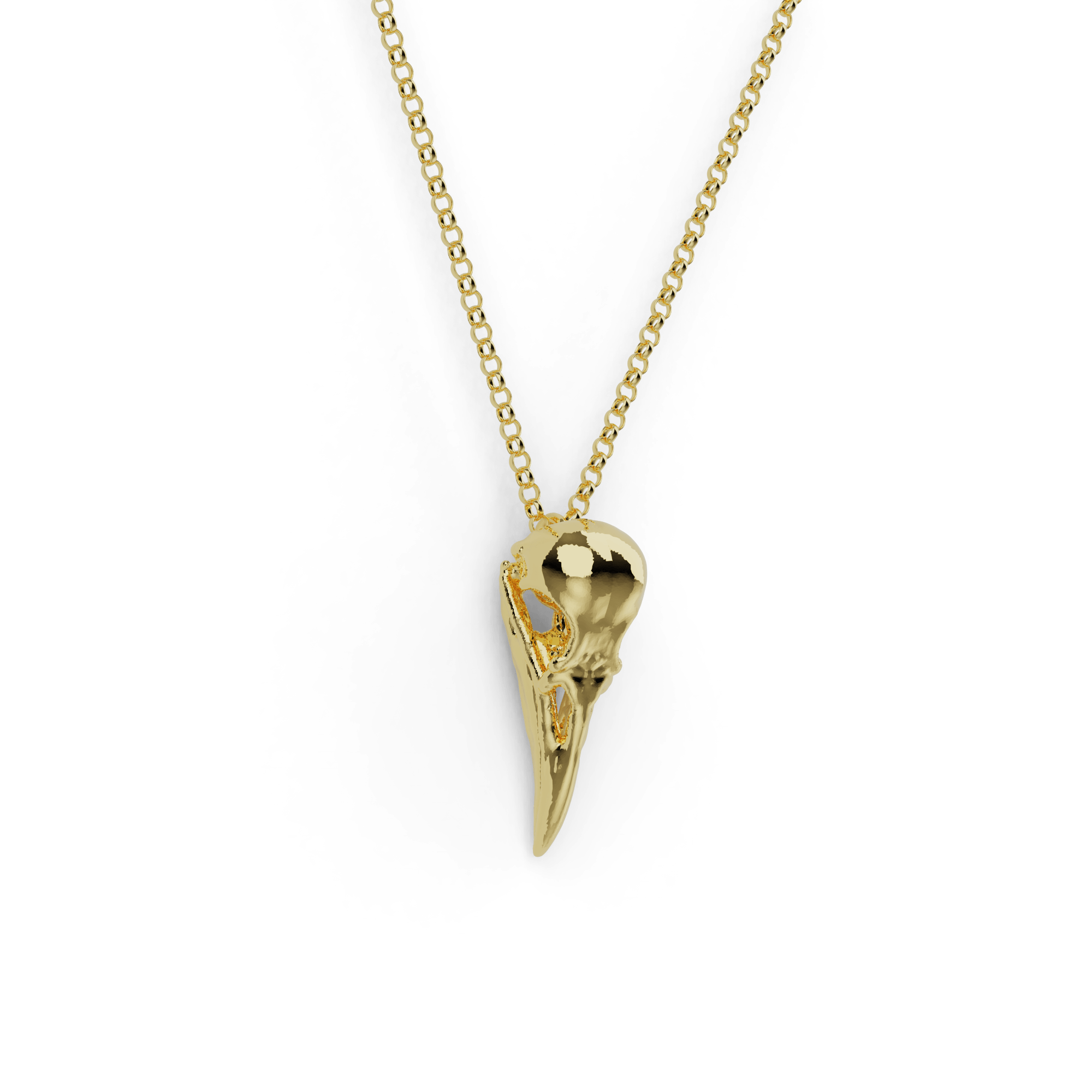 Gold Vermeil Raven Skull Necklace showcasing intricate 3D-printed details, inspired by the intelligence and mystery of ravens. Gold Vermeil Raven Skull Necklace showcasing intricate 3D-printed details, inspired by the intelligence and mystery of ravens.