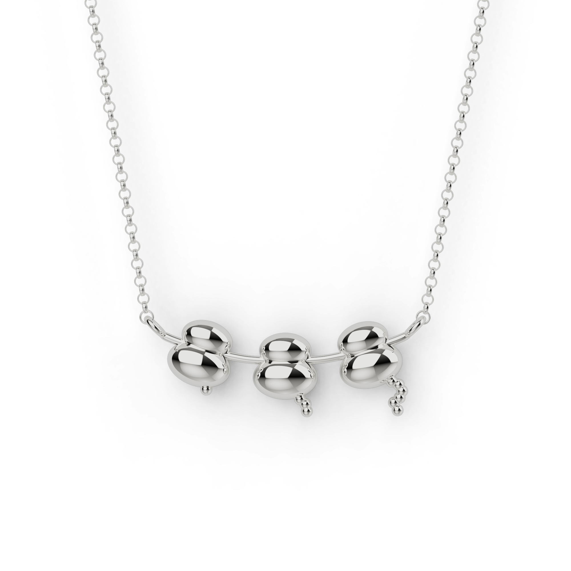 Ribosomes Necklace in silver displayed on a white background, showcasing the intricate 3D-printed pendant inspired by protein synthesis. Ribosomes Necklace in silver displayed on a white background, showcasing the intricate 3D-printed pendant inspired by protein synthesis.