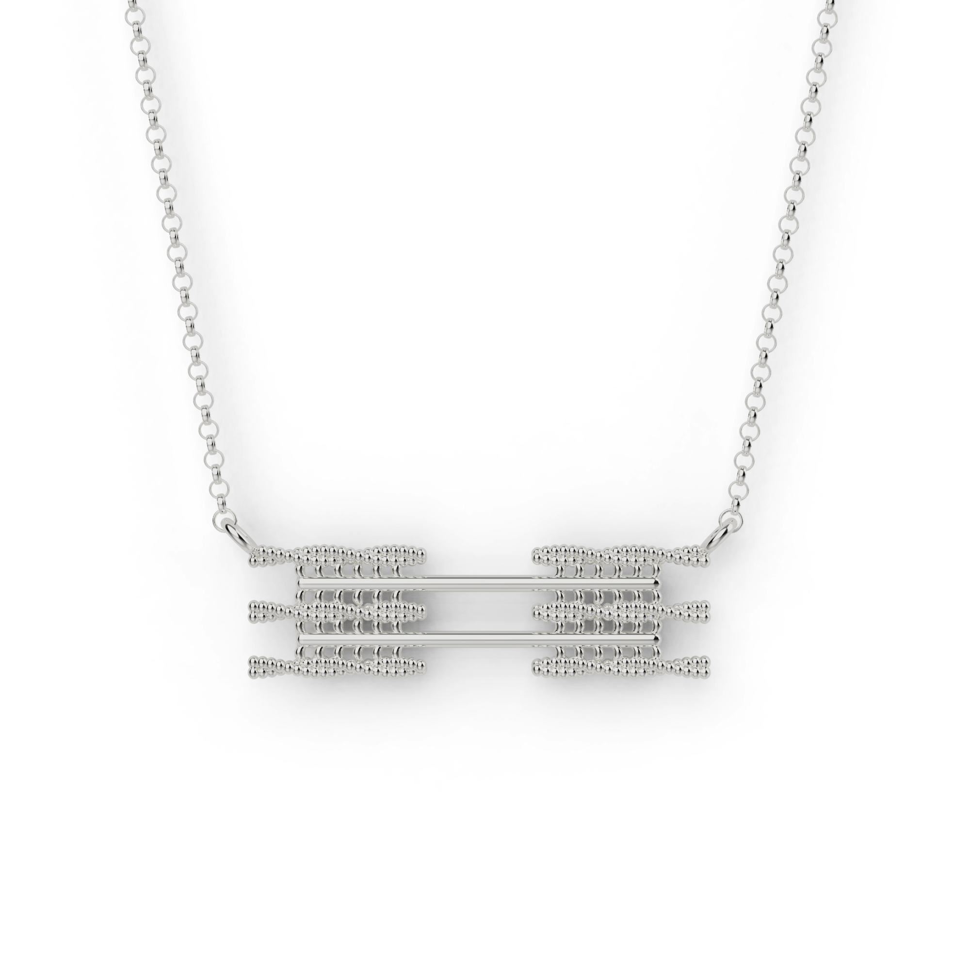 Sterling silver sarcomere necklace showcasing detailed muscle striation design for science enthusiasts. Sterling silver sarcomere necklace showcasing detailed muscle striation design for science enthusiasts.