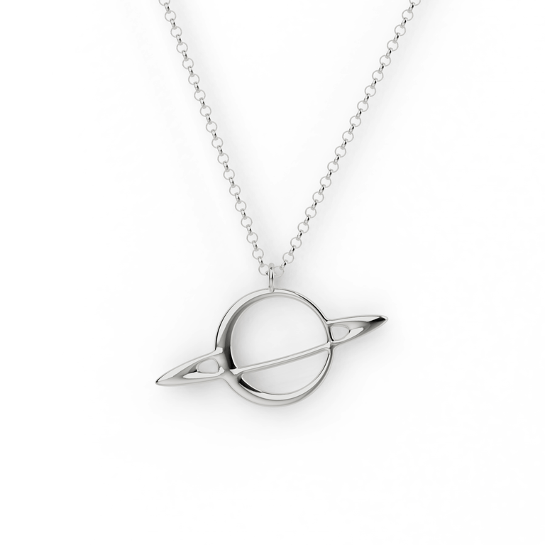 Silver Saturn Necklace showcasing Saturn’s iconic rings, perfect for space and science enthusiasts. Silver Saturn Necklace showcasing Saturn’s iconic rings, perfect for space and science enthusiasts.