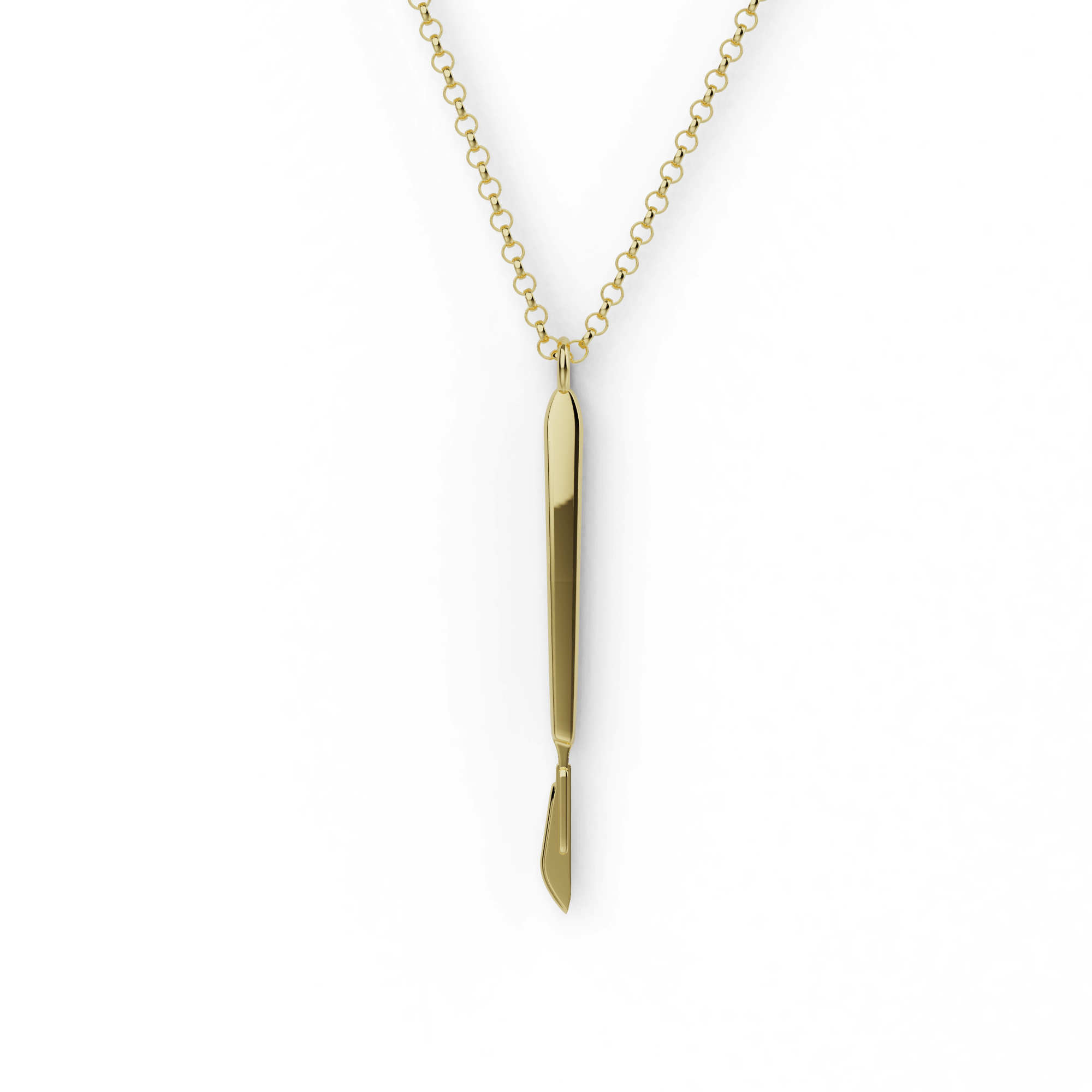 Gold vermeil scalpel necklace displayed on a white background, symbolizing surgical precision and luxury for science enthusiasts. Gold vermeil scalpel necklace displayed on a white background, symbolizing surgical precision and luxury for science enthusiasts.