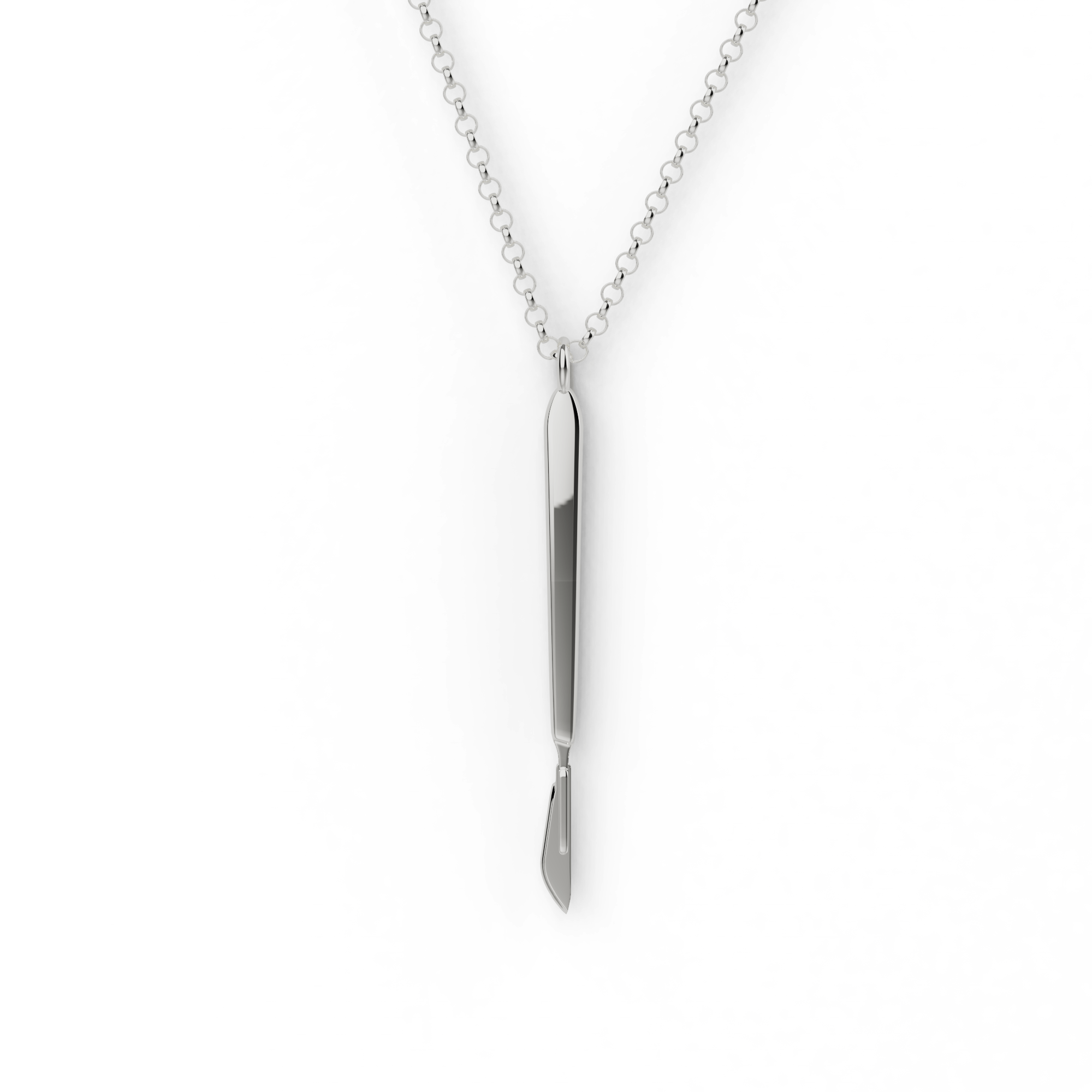 Sterling silver scalpel necklace displayed on a model, showcasing fine detail. Sterling silver scalpel necklace displayed on a model, showcasing fine detail.
