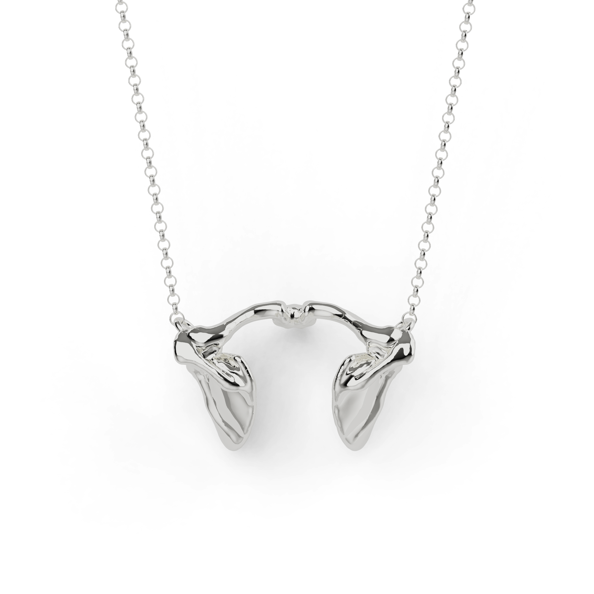 Close-up of a sterling silver scapula-clavicle-manubrium necklace on a white background, inspired by human anatomy. Close-up of a sterling silver scapula-clavicle-manubrium necklace on a white background, inspired by human anatomy.