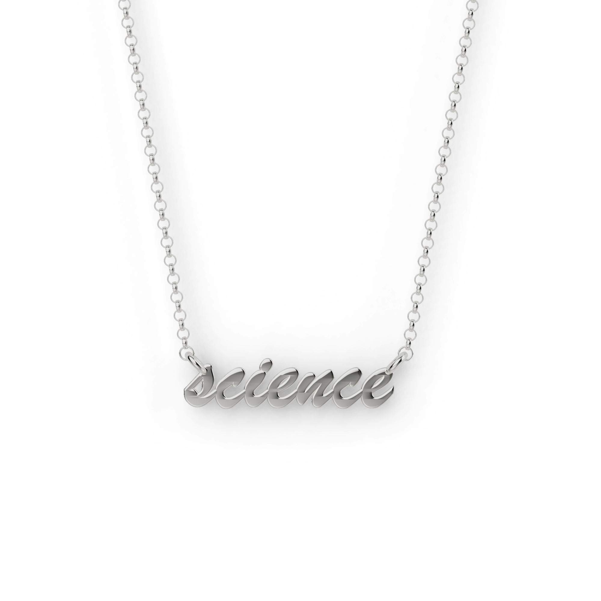 Sterling silver science necklace shown against a minimalist background, showcasing its sleek design. Sterling silver science necklace shown against a minimalist background, showcasing its sleek design.