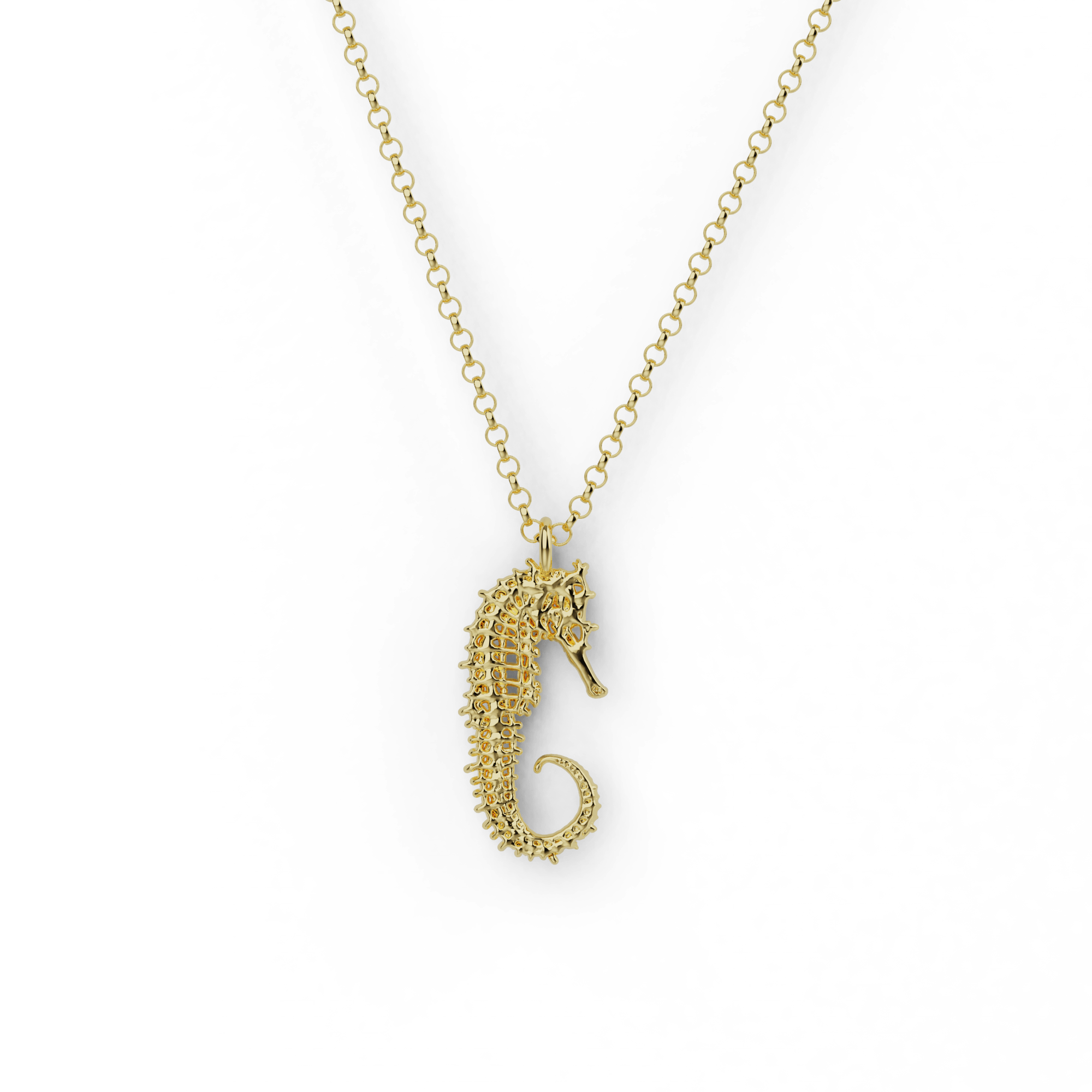Golden seahorse skeleton necklace in vermeil gold, showing intricate skeletal design inspired by marine life. Golden seahorse skeleton necklace in vermeil gold, showing intricate skeletal design inspired by marine life.