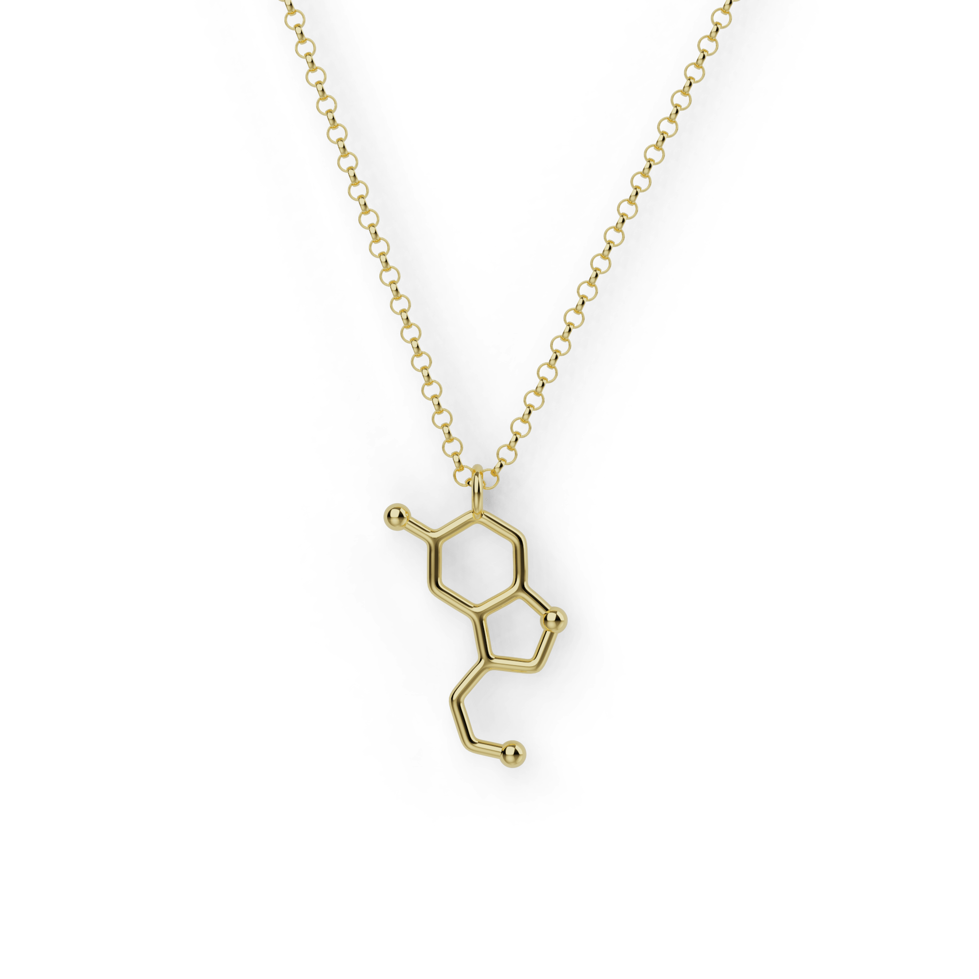 A detailed molecular design in gold vermeil, inspired by the serotonin molecule. Perfect for science lovers. A detailed molecular design in gold vermeil, inspired by the serotonin molecule. Perfect for science lovers.