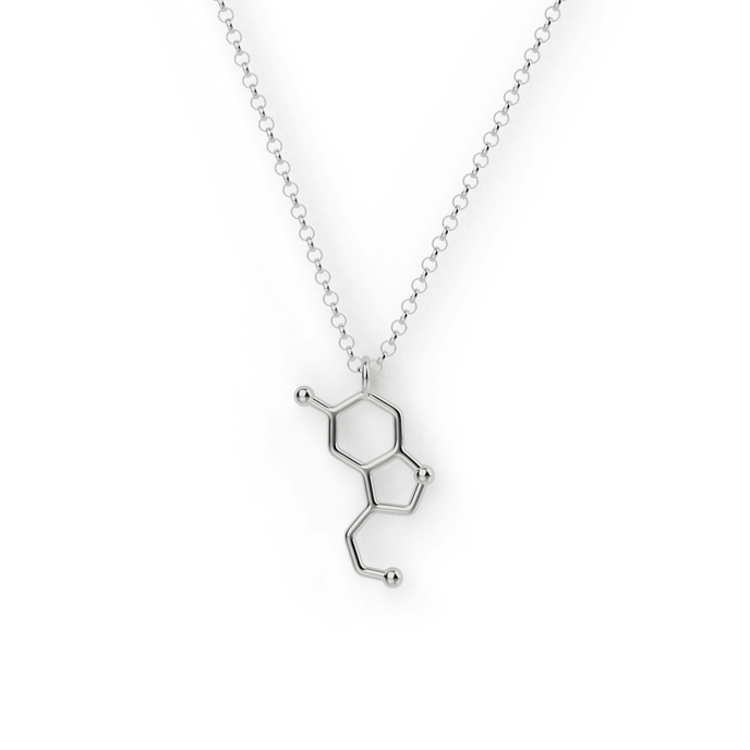 Serotonin necklace in sterling silver, science-inspired jewelry for happiness lovers. Serotonin necklace in sterling silver, science-inspired jewelry for happiness lovers.