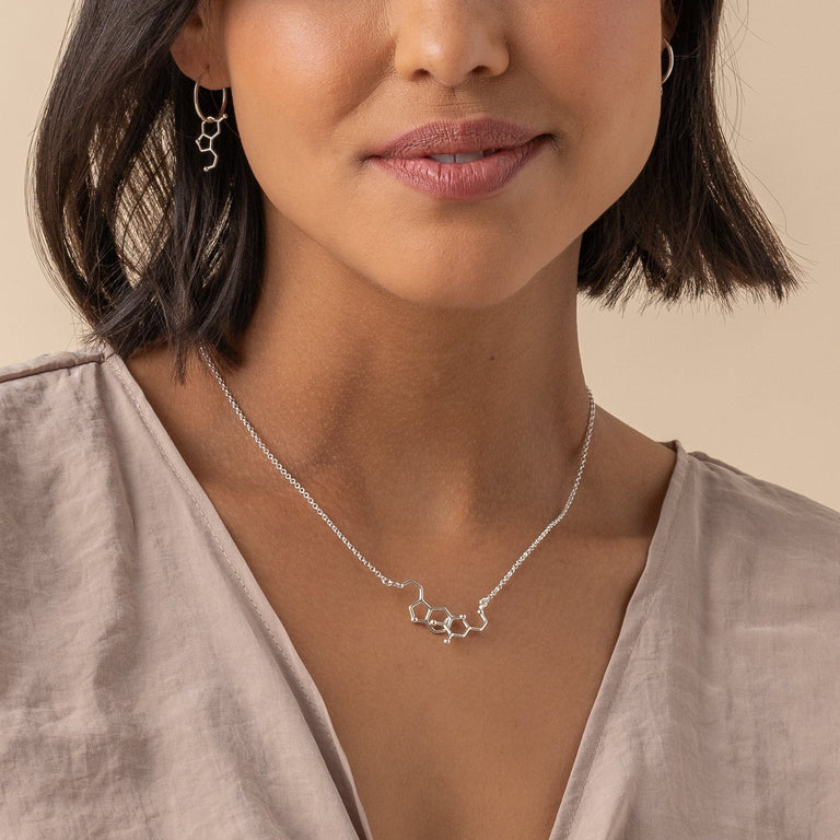 Side view of the Dopamine and Serotonin Necklace worn, highlighting its sleek design on the neck. Side view of the Dopamine and Serotonin Necklace worn, highlighting its sleek design on the neck.